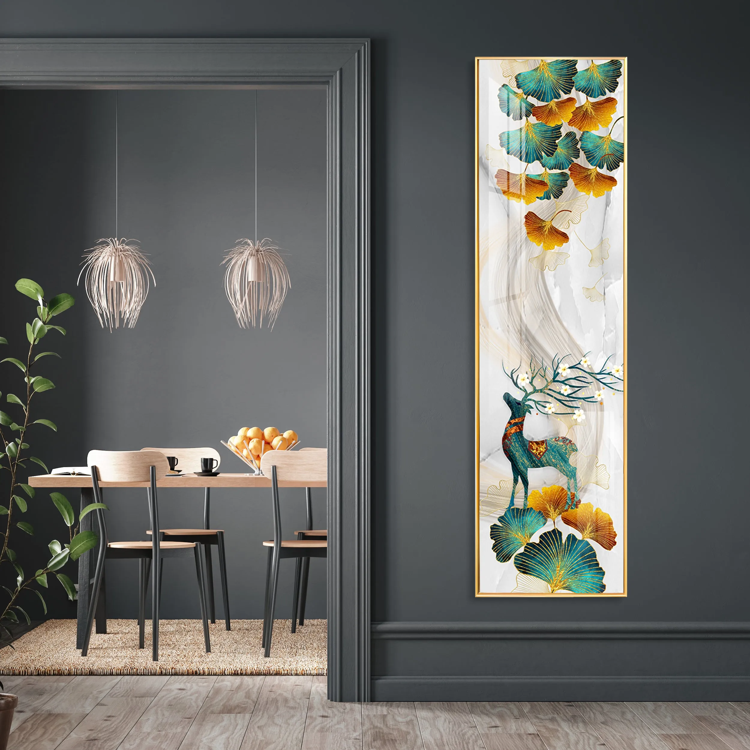 Deer On Golden Ginkgo Leaf Vertical Premium Acrylic Vertical Wall Art