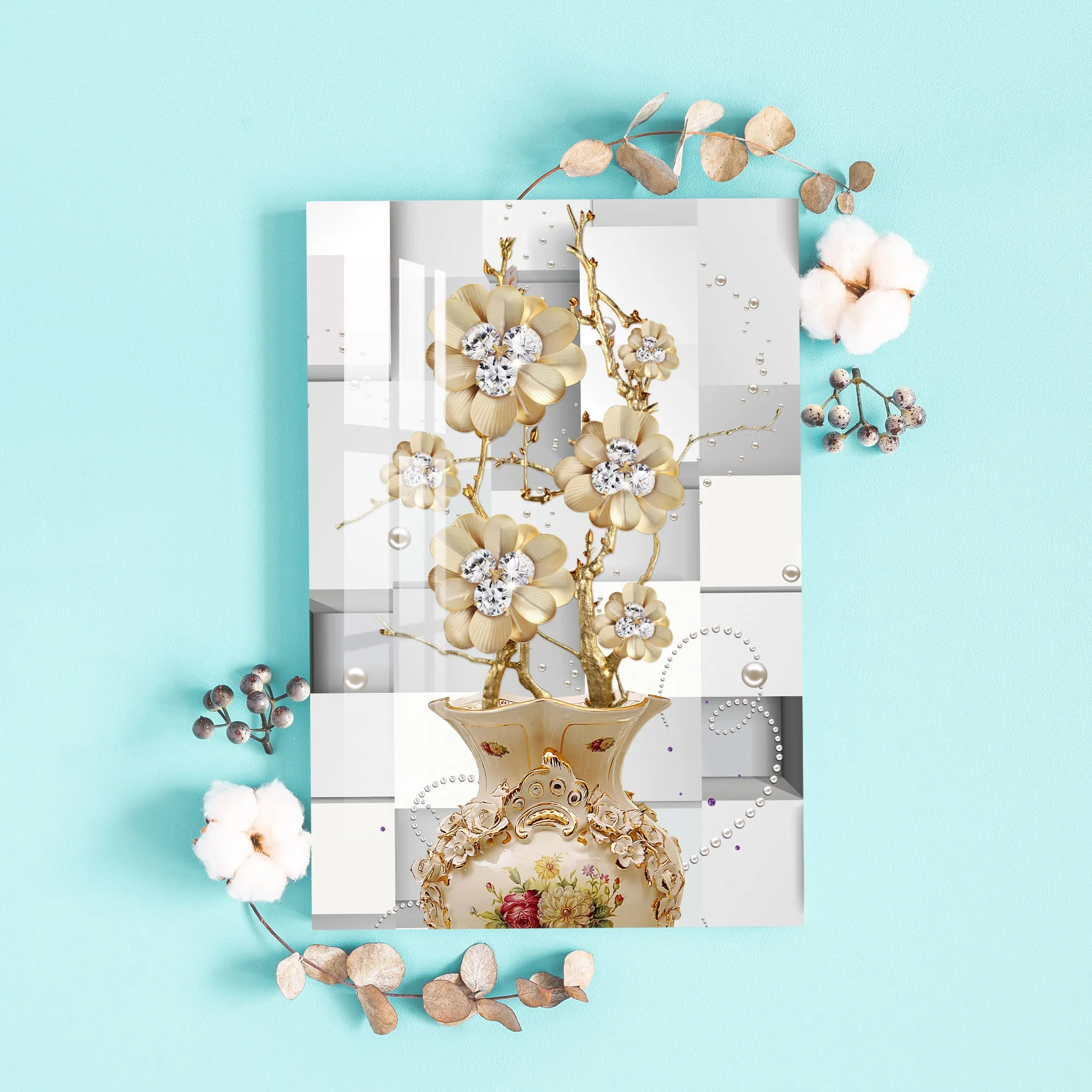 Diamond Studded Flower Acrylic Wall Art