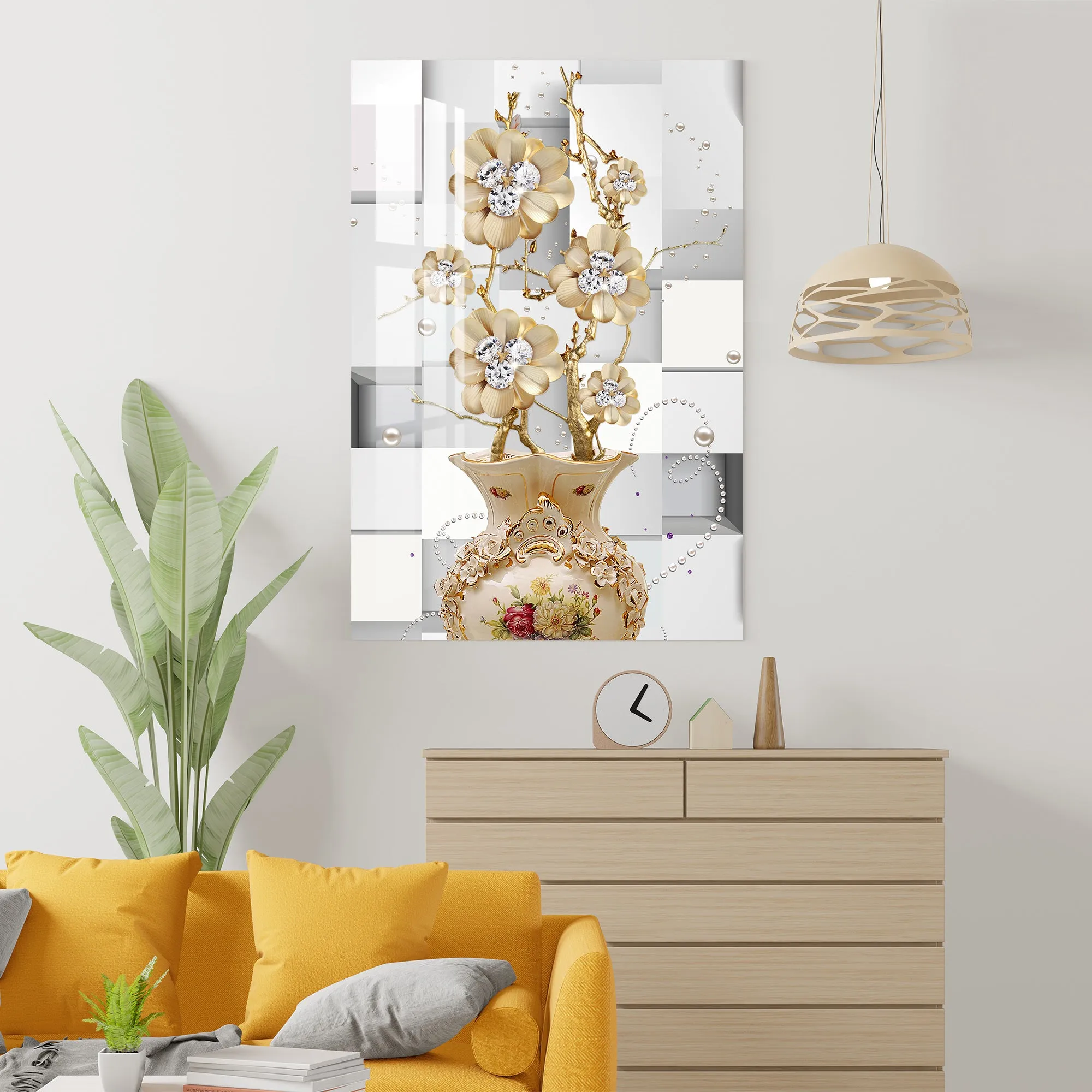 Diamond Studded Flower Acrylic Wall Art