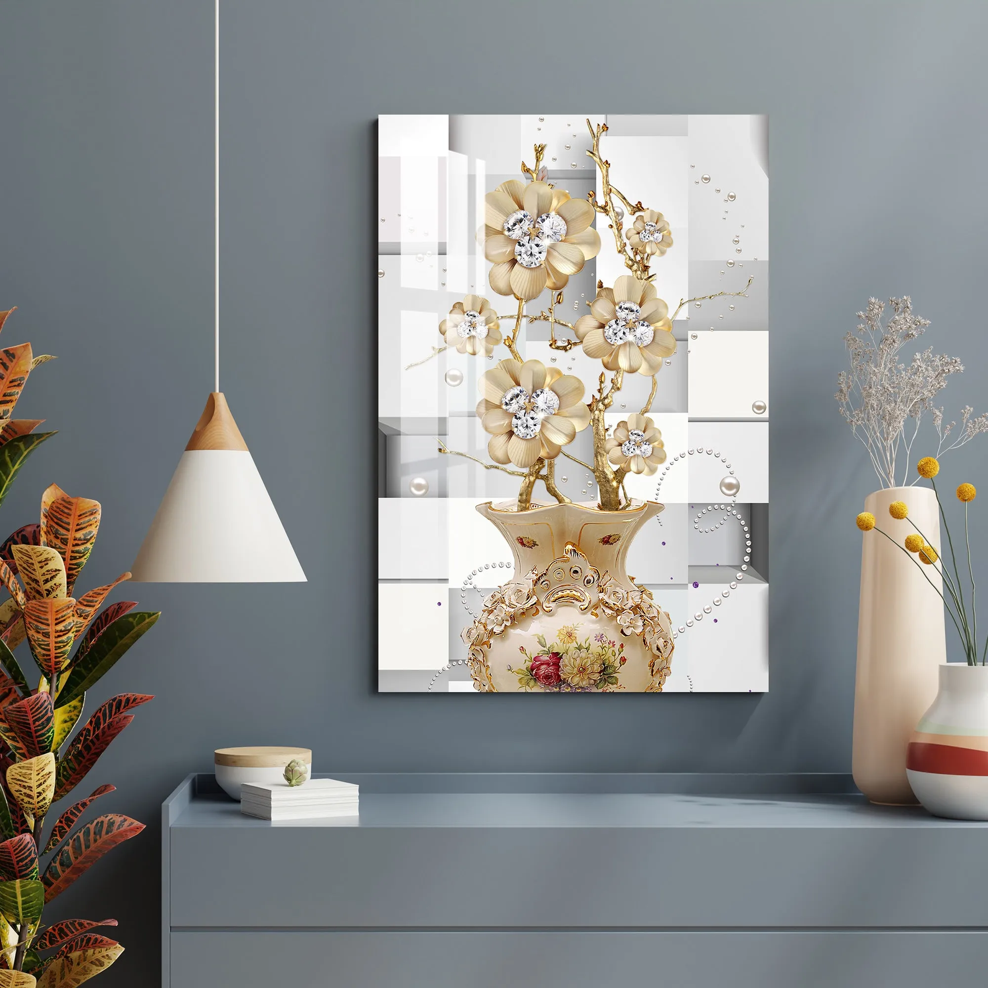 Diamond Studded Flower Acrylic Wall Art