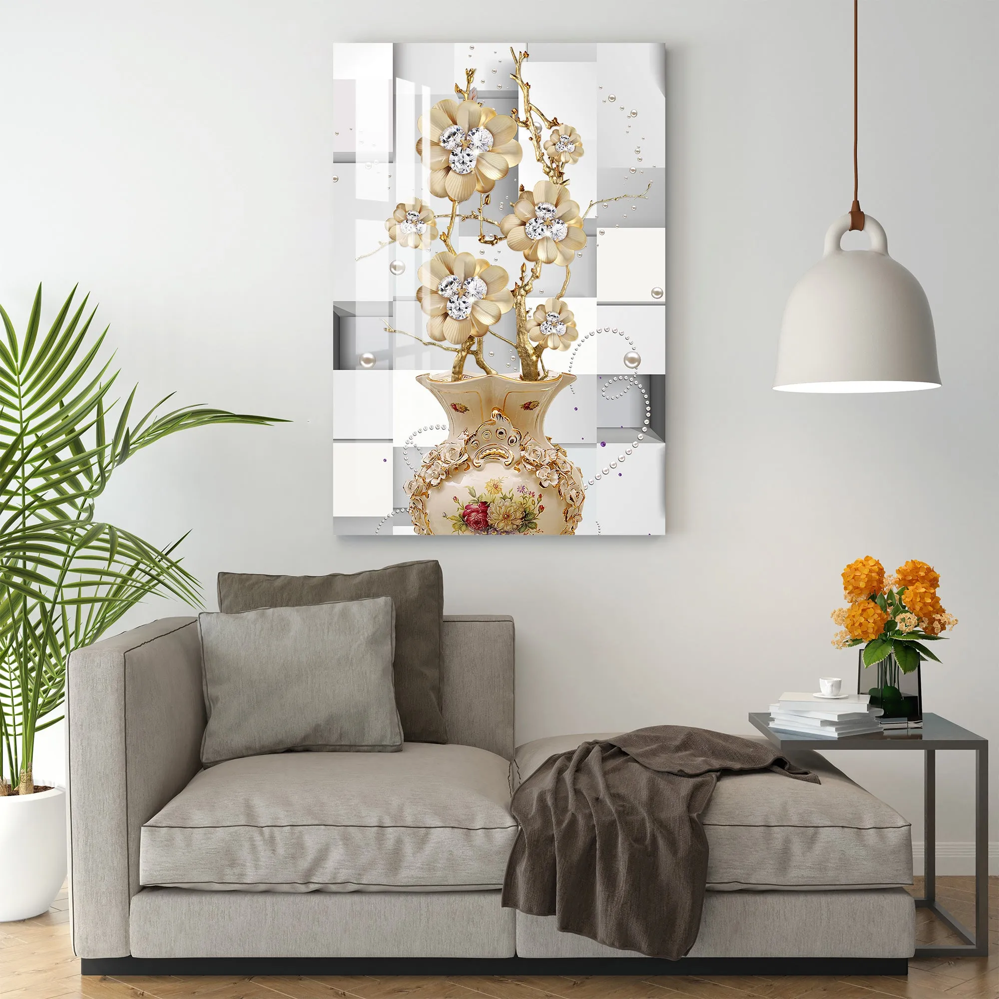 Diamond Studded Flower Acrylic Wall Art