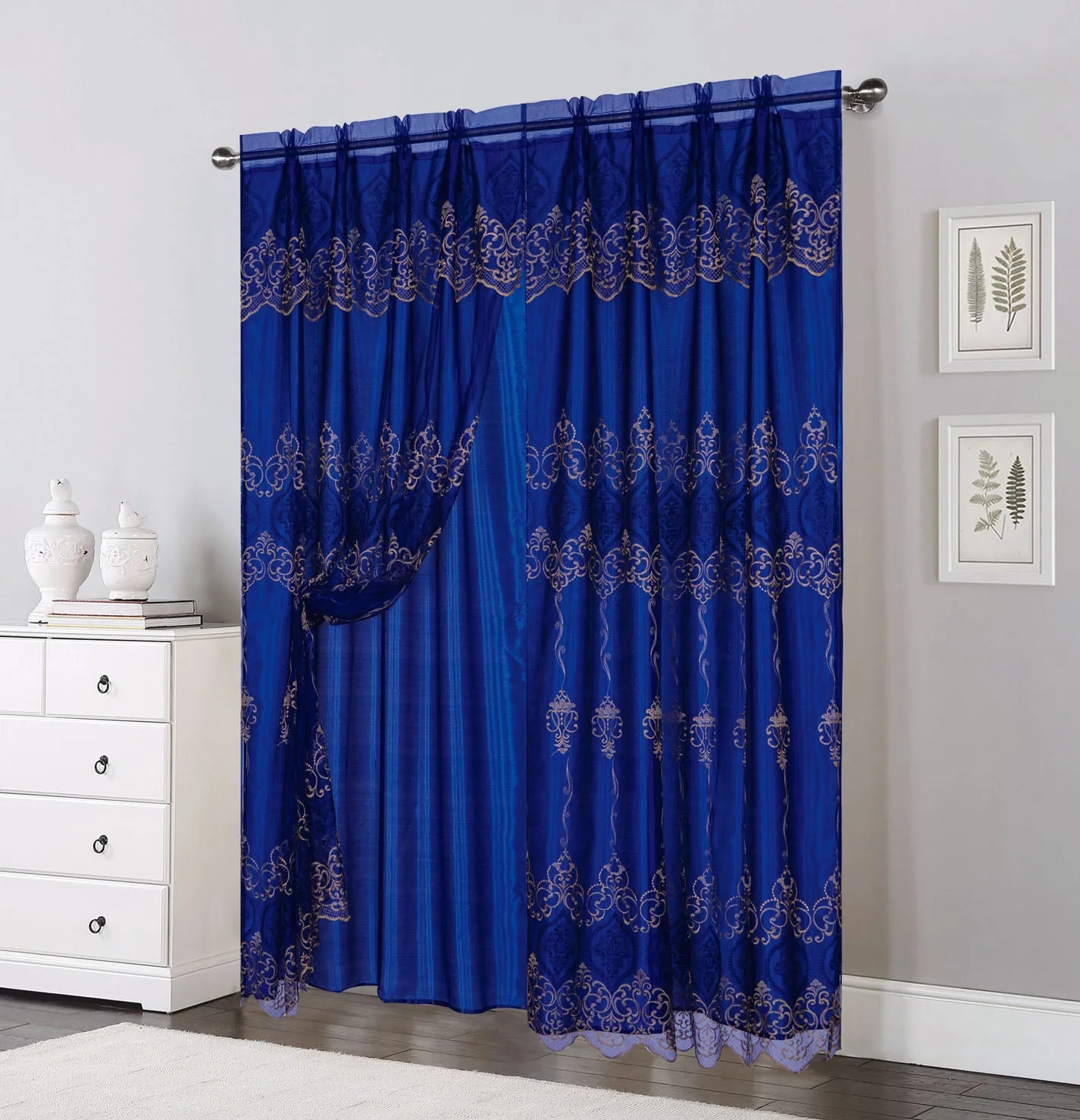 Double Layers Organza Sheer Embroidered Rod Pocket Window Curtain Panel and Valance, 81037