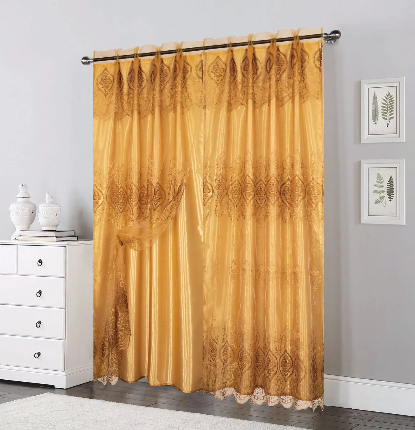 Double Layers Organza Sheer Embroidered Rod Pocket Window Curtain Panel and Valance, 81037