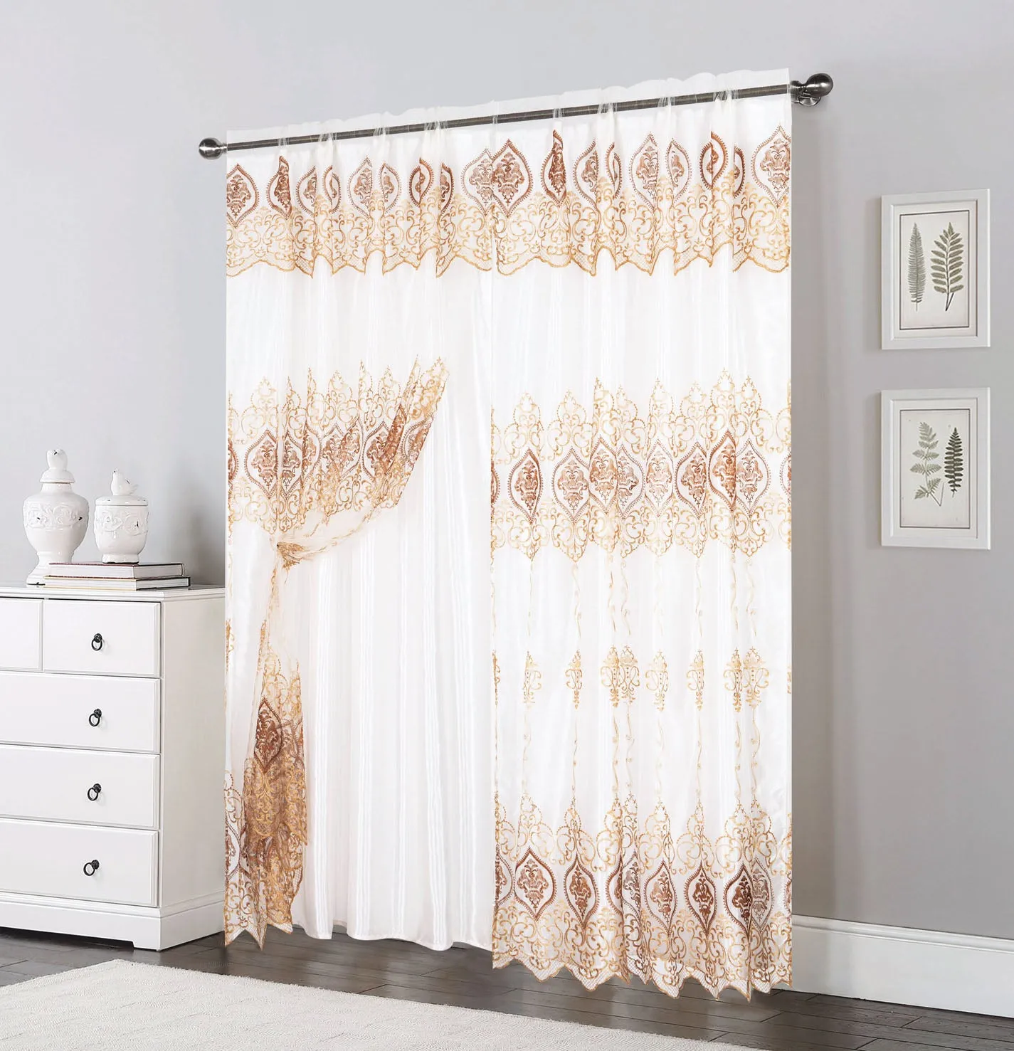 Double Layers Organza Sheer Embroidered Rod Pocket Window Curtain Panel and Valance, 81037