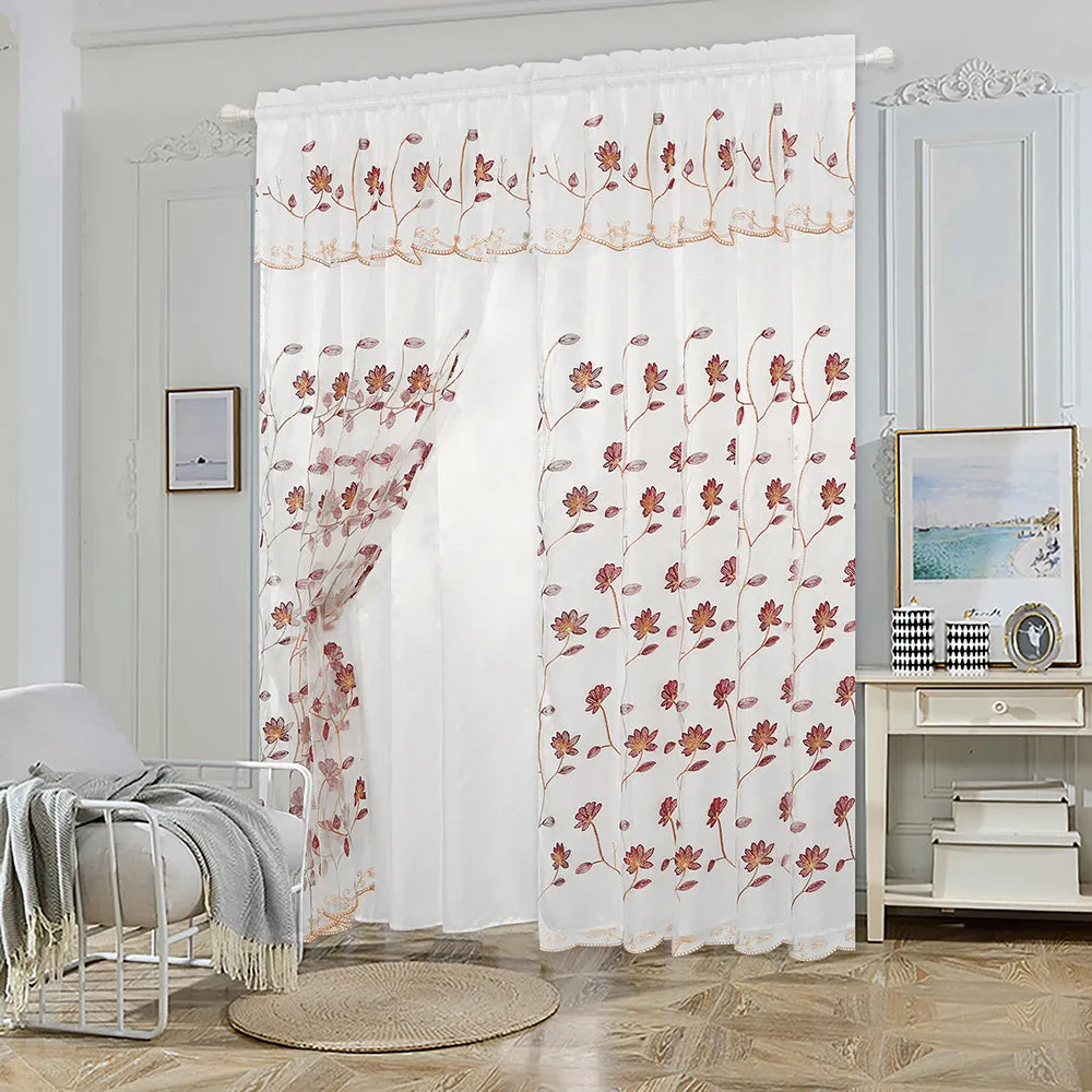 Double Layers Organza Sheer Embroidered Rod Pocket Window Curtain Panel and Valance, 81056