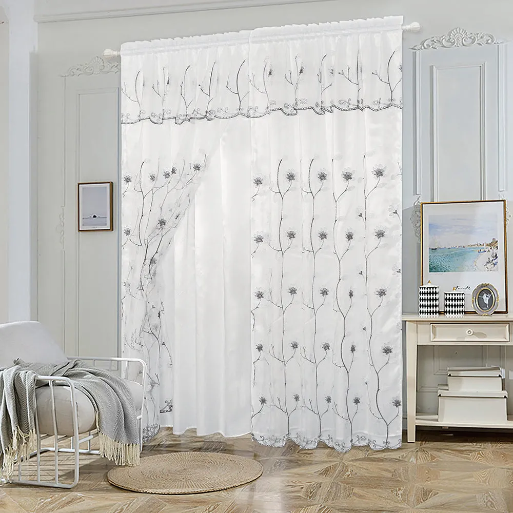 Double Layers Organza Sheer Embroidered Rod Pocket Window Curtain Panel and Valance, 81056