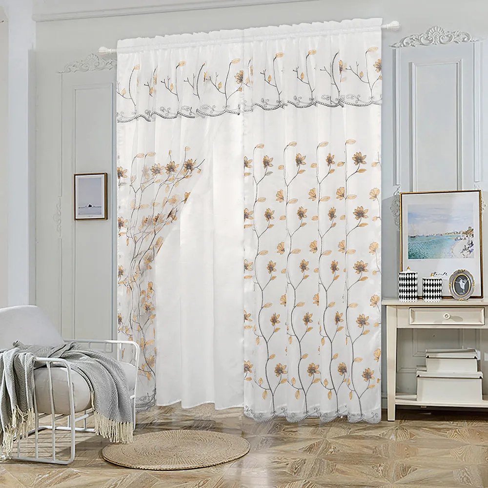 Double Layers Organza Sheer Embroidered Rod Pocket Window Curtain Panel and Valance, 81056