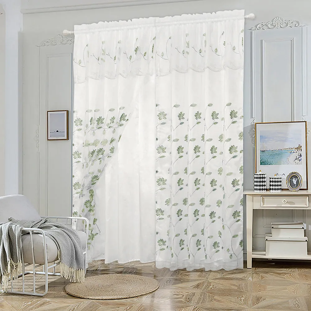 Double Layers Organza Sheer Embroidered Rod Pocket Window Curtain Panel and Valance, 81056