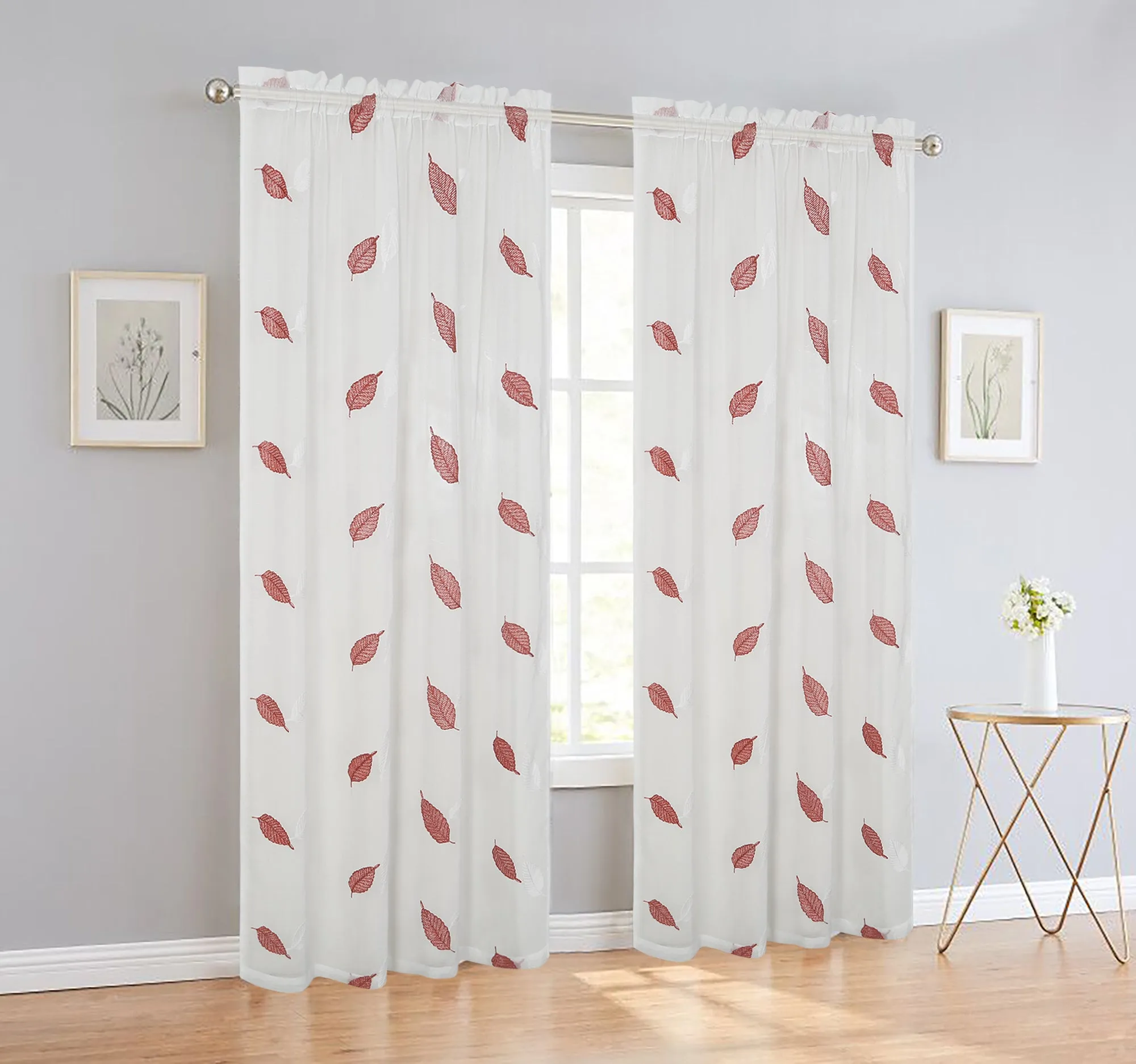 Elegance Sheer Voile Leaf Rod Pocket Window Curtain Panel, FF1023