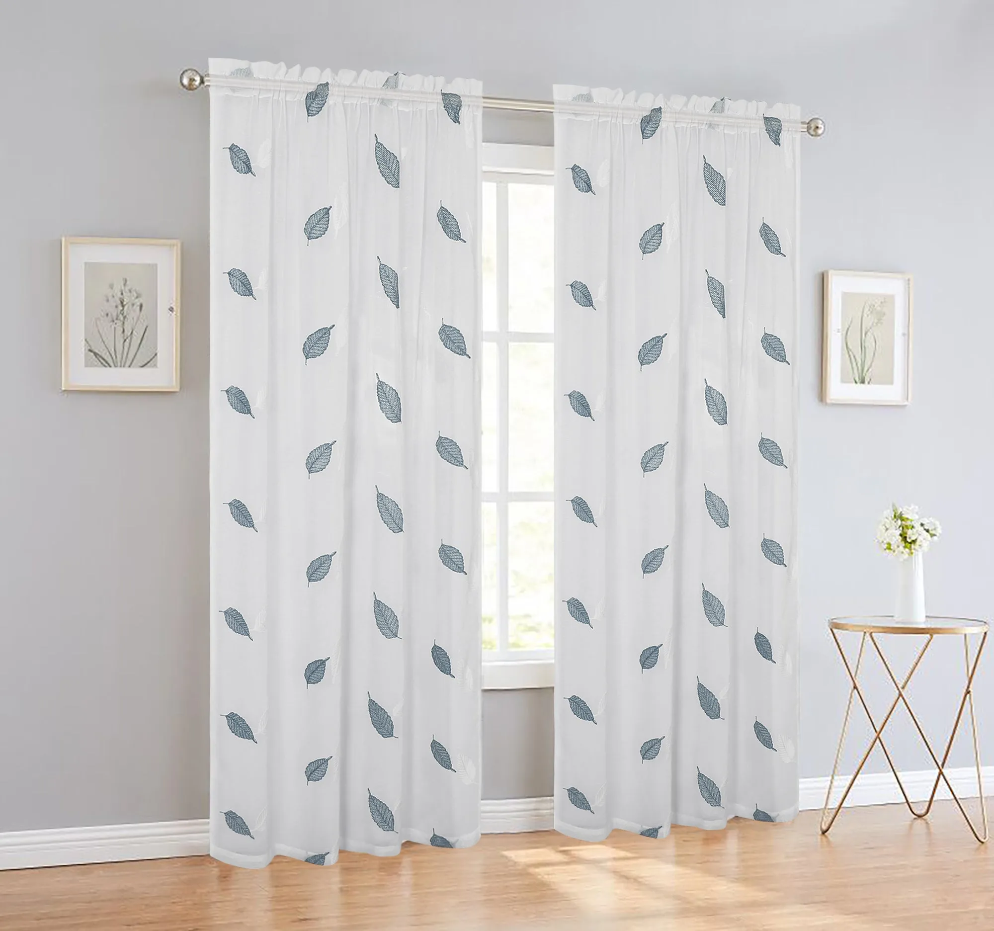 Elegance Sheer Voile Leaf Rod Pocket Window Curtain Panel, FF1023