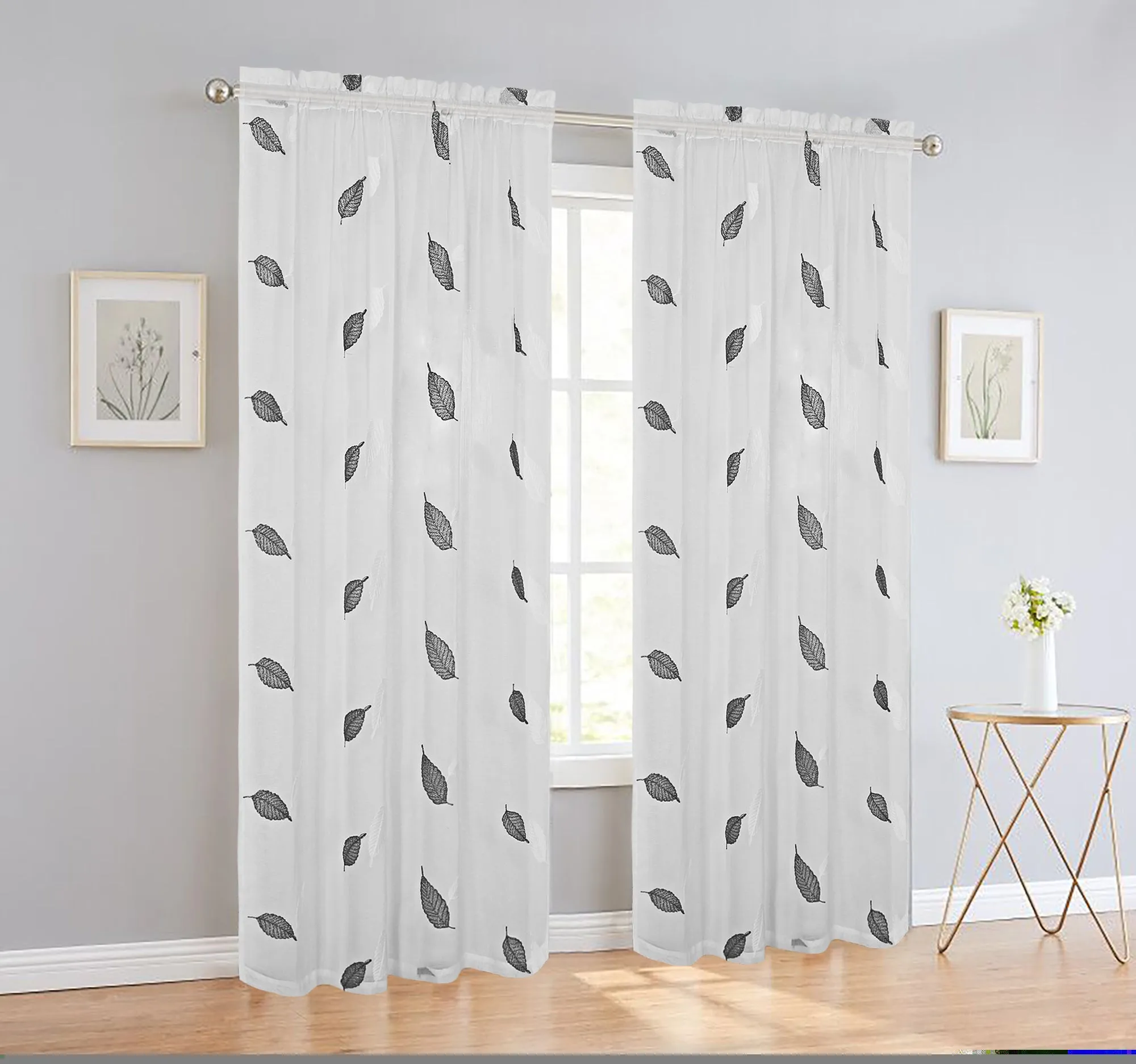 Elegance Sheer Voile Leaf Rod Pocket Window Curtain Panel, FF1023