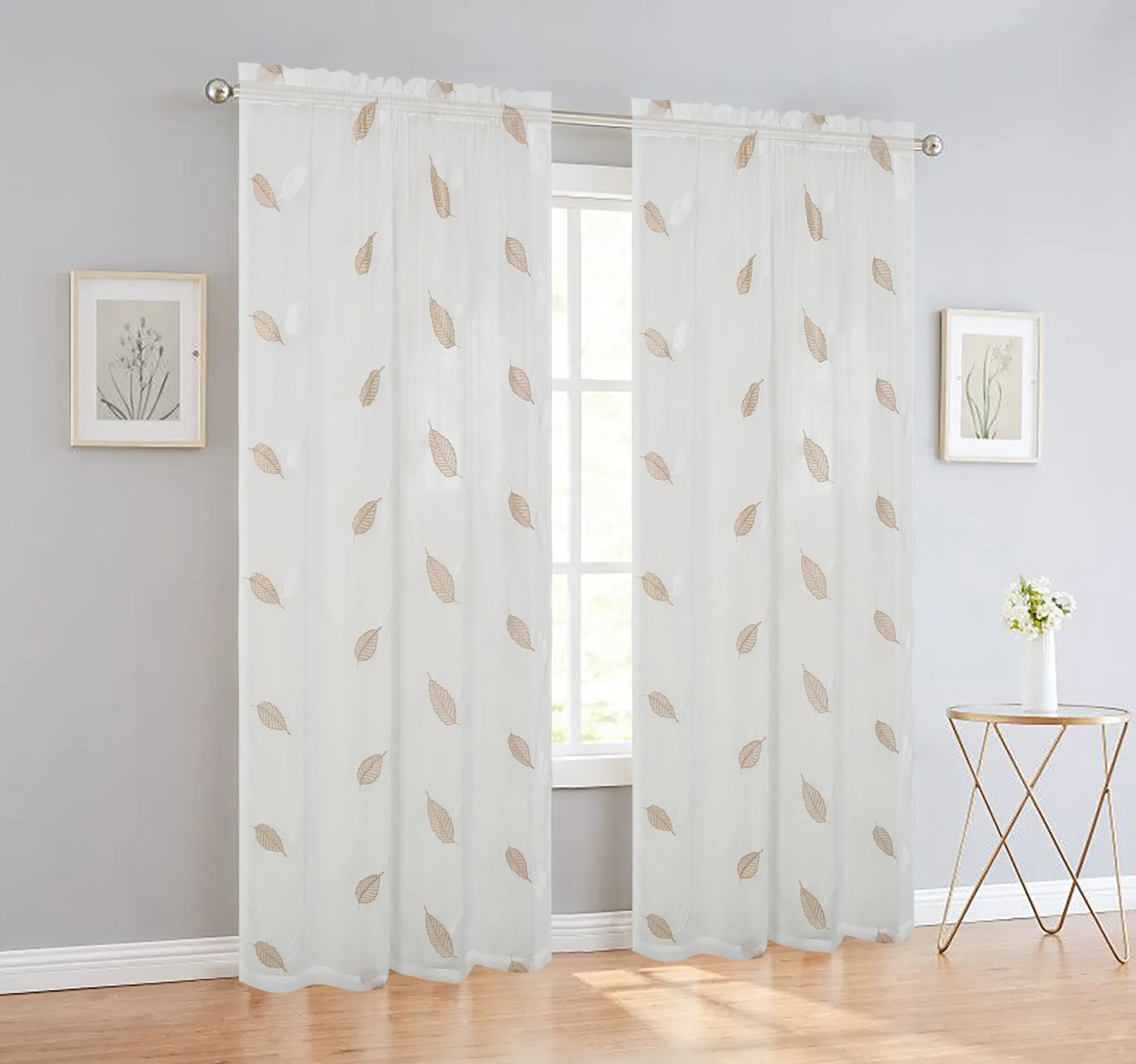 Elegance Sheer Voile Leaf Rod Pocket Window Curtain Panel, FF1023