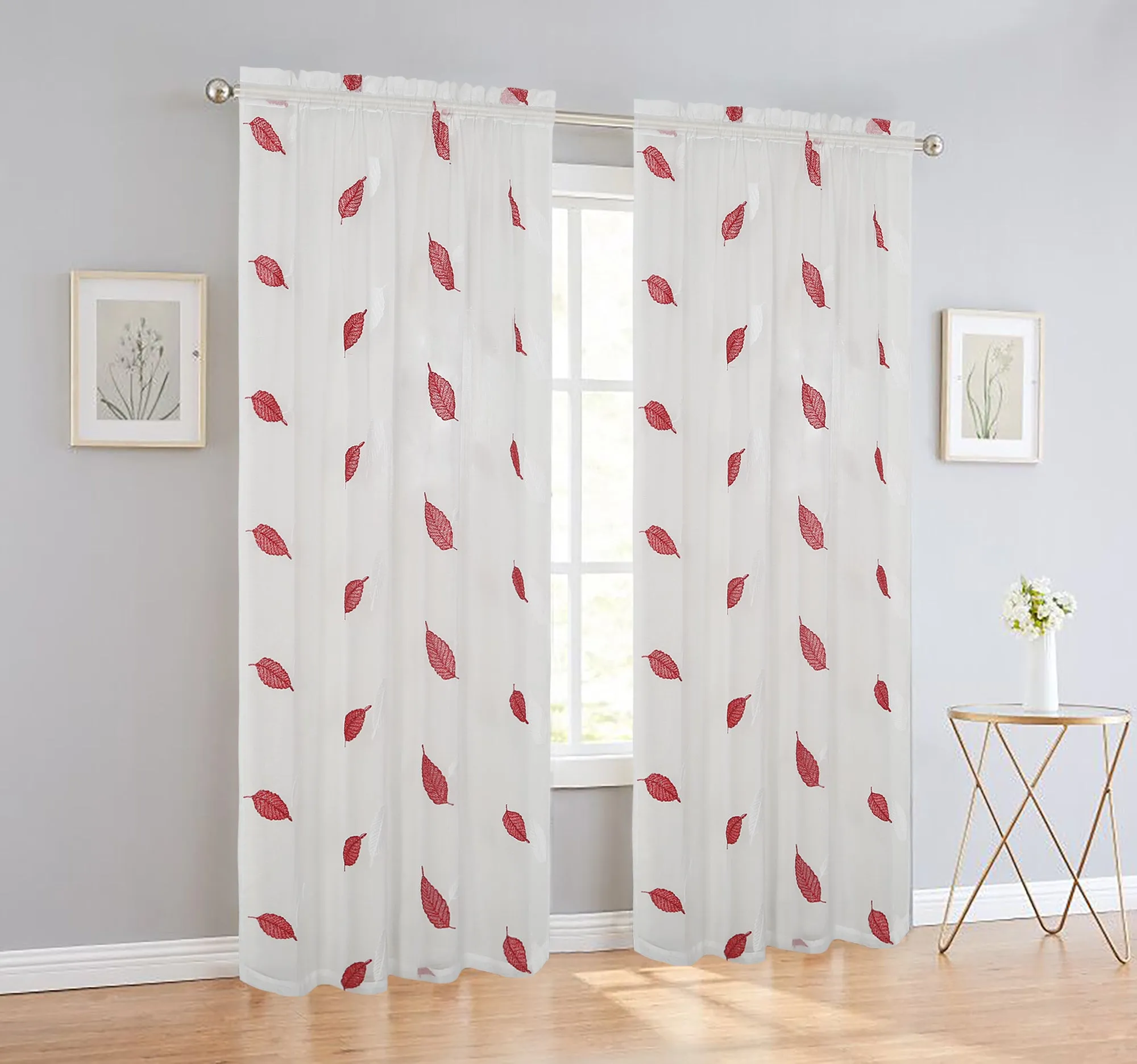 Elegance Sheer Voile Leaf Rod Pocket Window Curtain Panel, FF1023