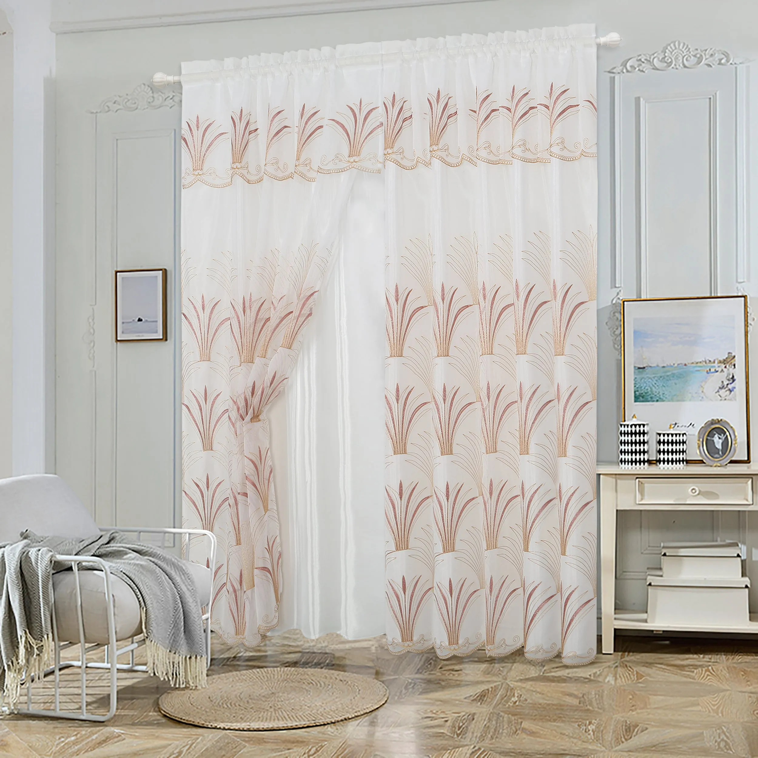 Embroidered Elegance Sheer Voile 2 Layers Rod Pocket Window Curtain Panel, FF1018