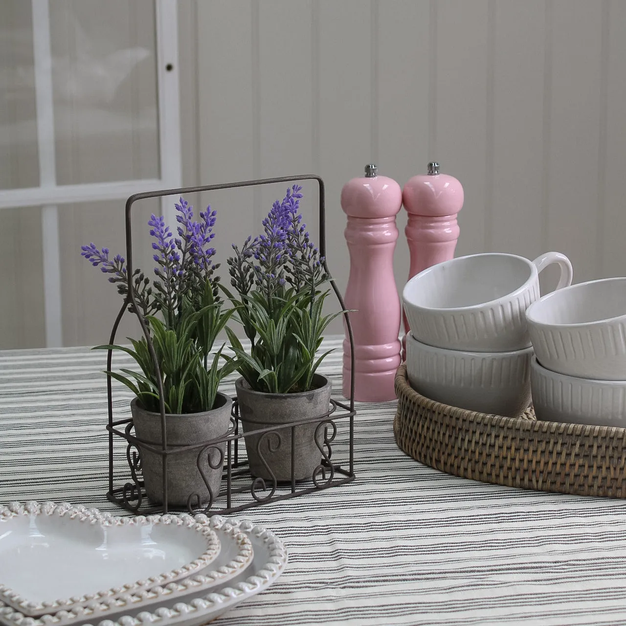 Faux Lavender Pots in Metal Swirl Holder