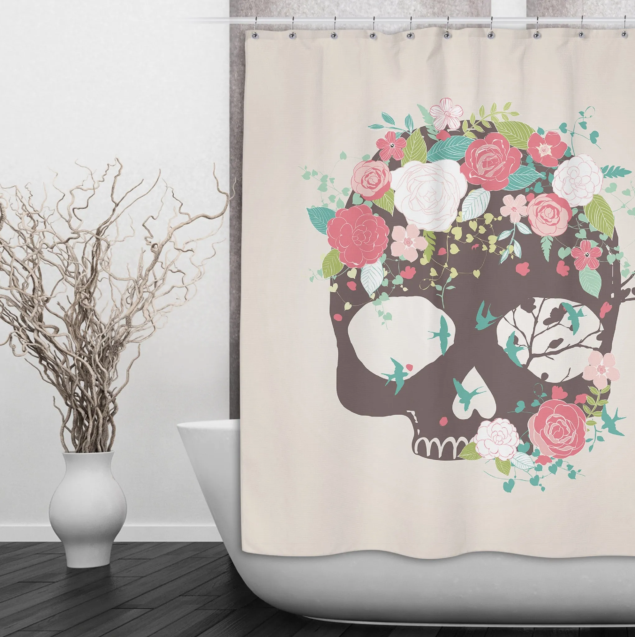 Flower and Blue Bird Skull Shower Curtains and Optional Bath Mats