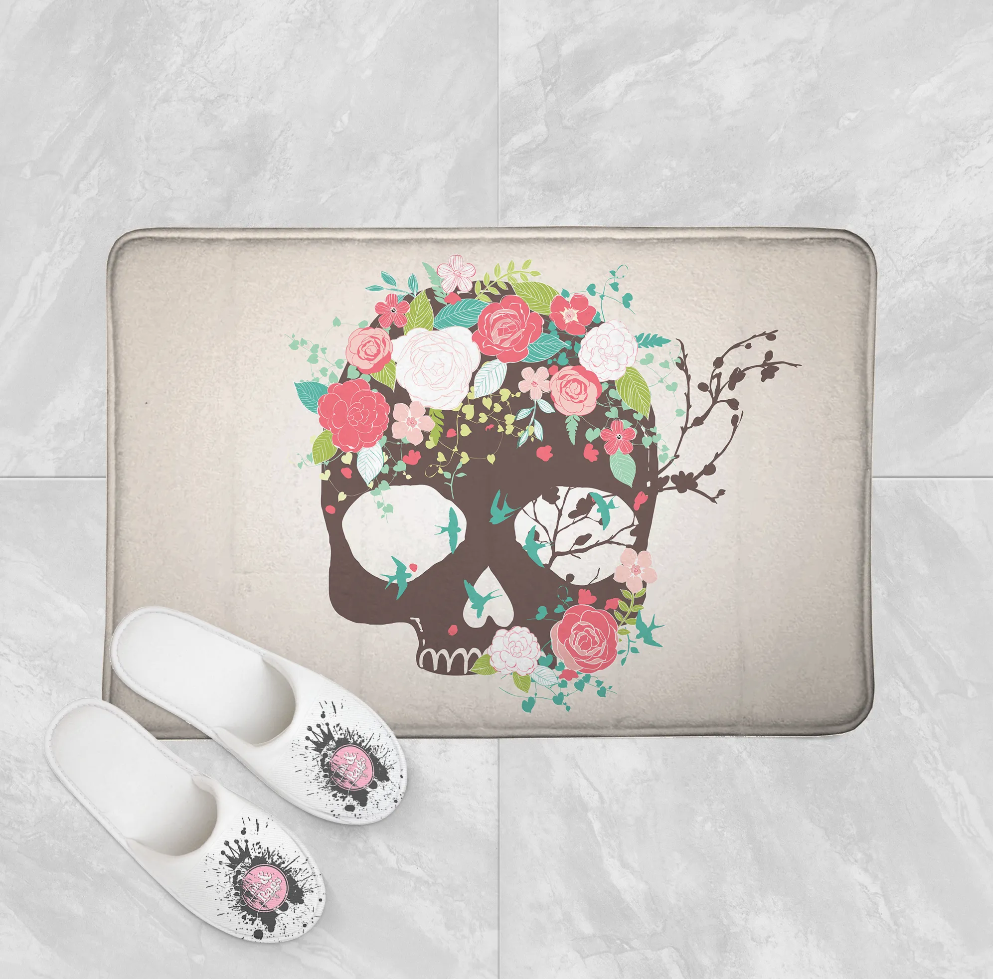 Flower and Blue Bird Skull Shower Curtains and Optional Bath Mats