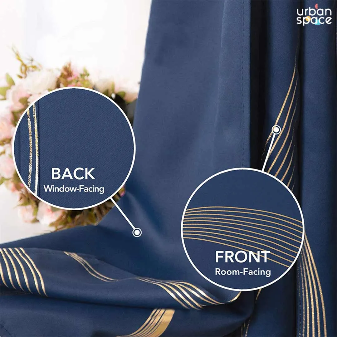 Gold Foil Printed 80-85% Blackout Curtains - Pack of 1 Curtain - Double Wave - Navy Blue