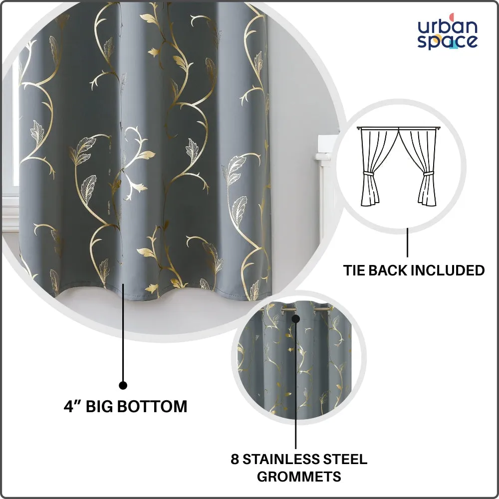 Gold Foil Printed 80-85% Blackout Curtains - Pack of 1 Curtain - Vine- Grey