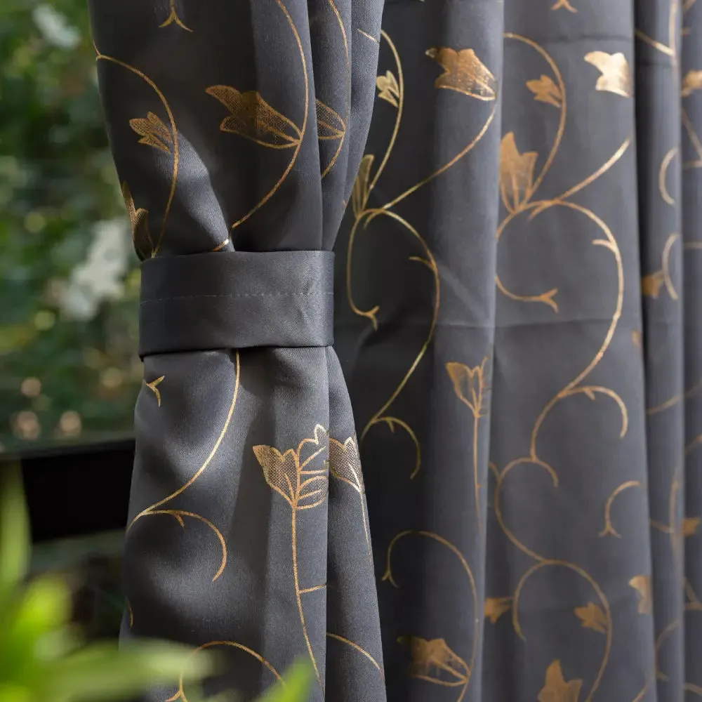 Gold Foil Printed 80-85% Blackout Curtains - Pack of 1 Curtain - Vine- Grey