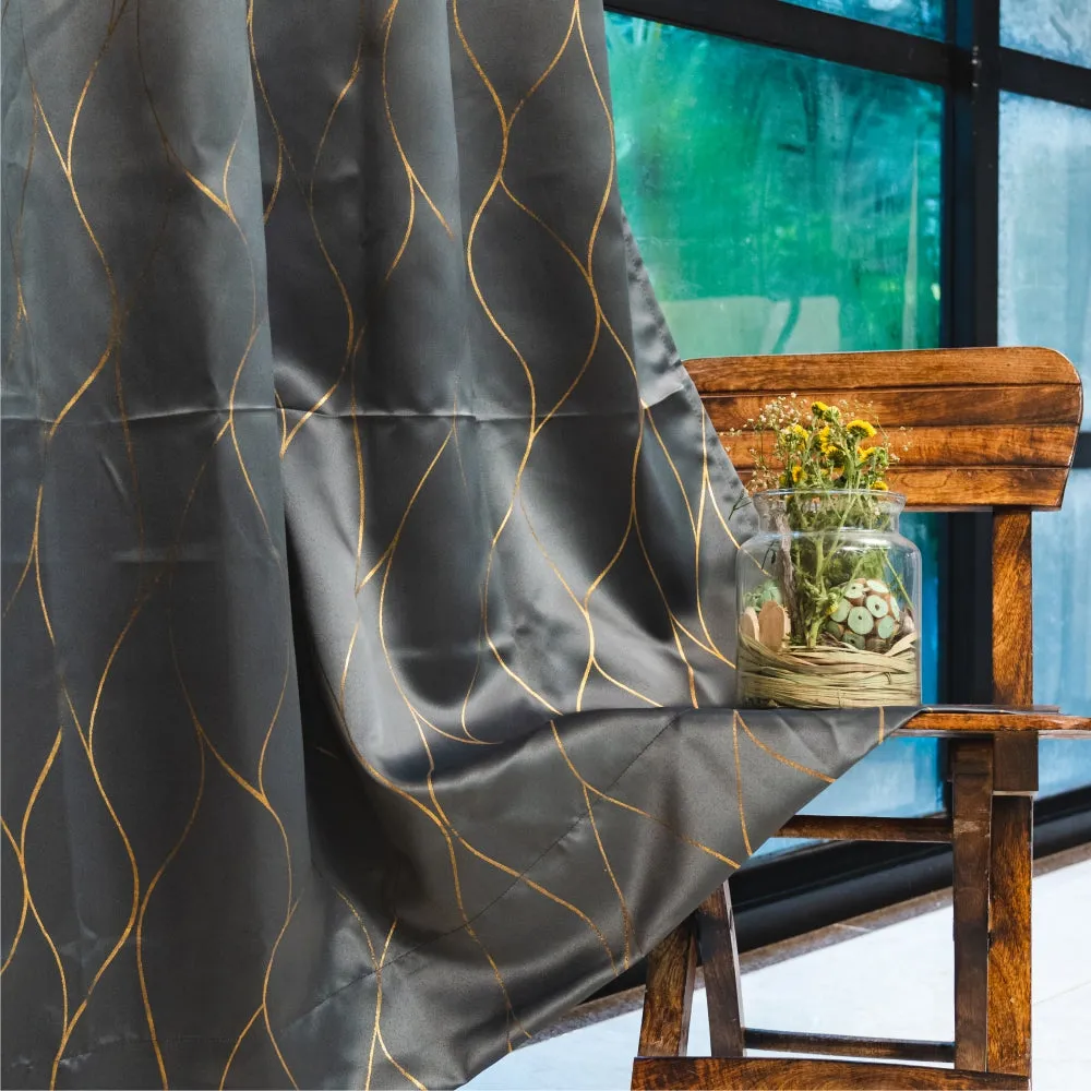 Gold Foil Printed 80-85% Blackout Curtains - Pack of 1 Curtain - Wave