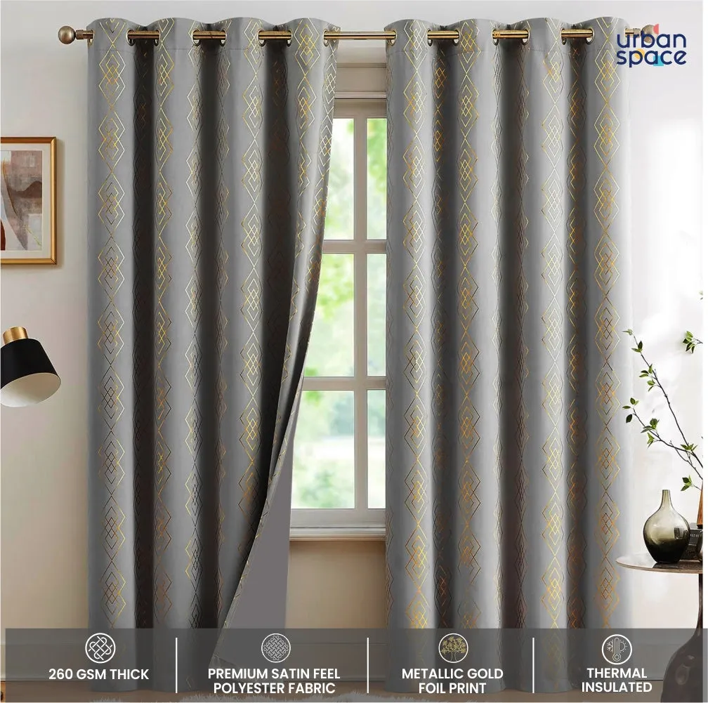 Grey Diamond-Printed Gold Foil Blackout Curtains, 80-85% Light Blocking - Single Pack