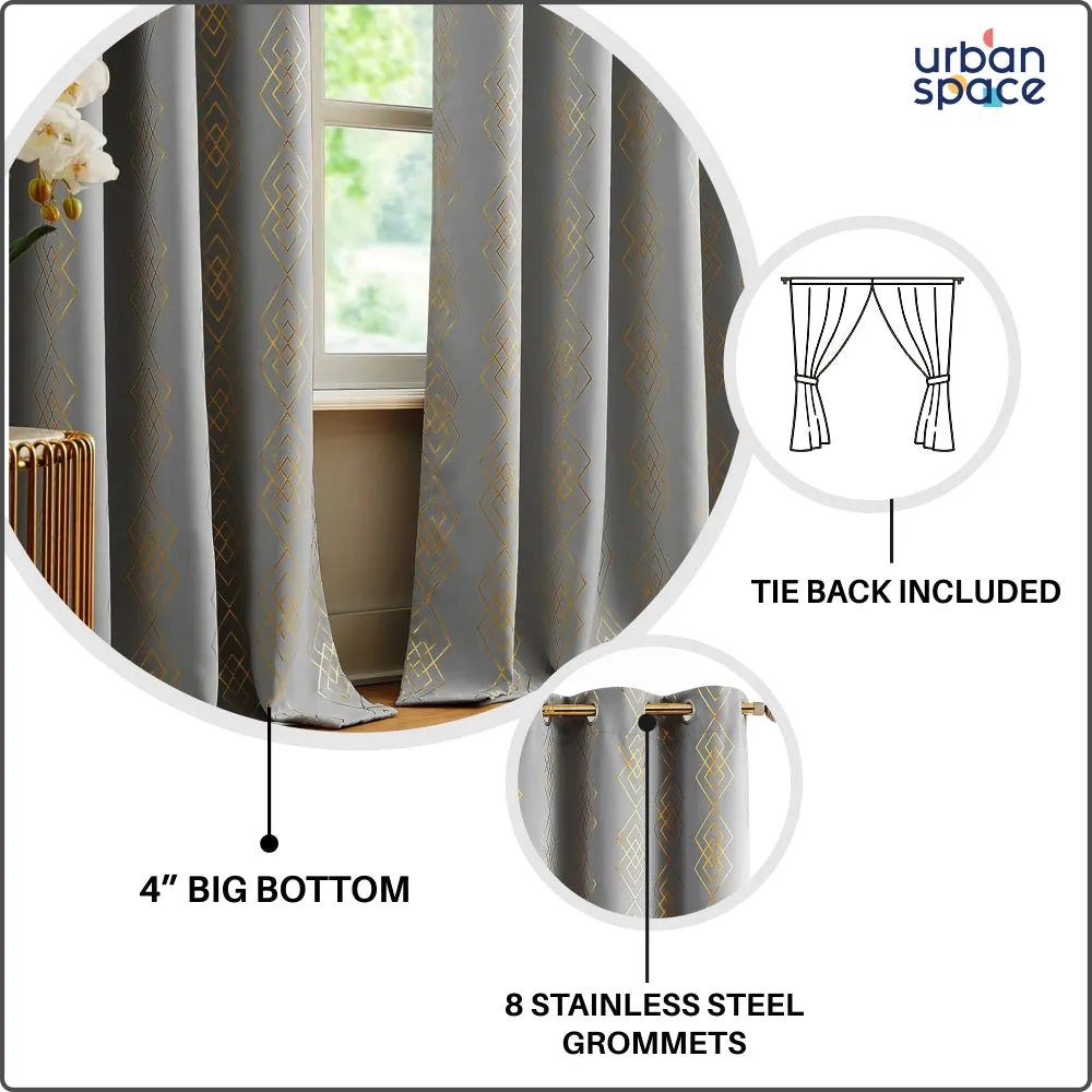 Grey Diamond-Printed Gold Foil Blackout Curtains, 80-85% Light Blocking - Single Pack