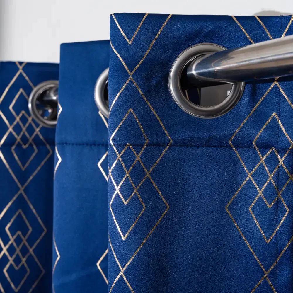 Gold Foil Printed 80-85% Blackout Curtains - Pack of 1 - Diamond - Navy Blue