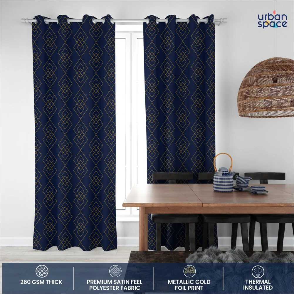 Gold Foil Printed 80-85% Blackout Curtains - Pack of 1 - Diamond - Navy Blue