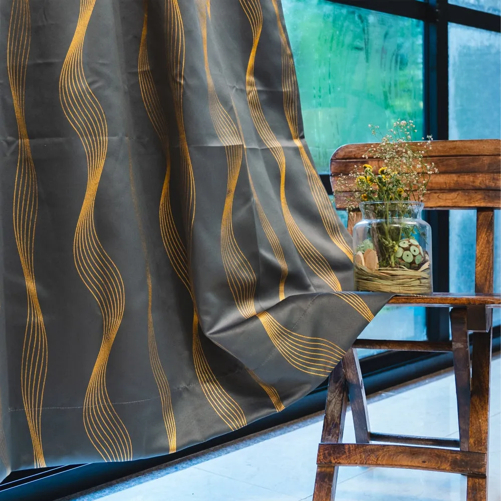 Gold Foil Printed 80-85% Blackout Curtains - Pack of 1 - Double Wave - Grey