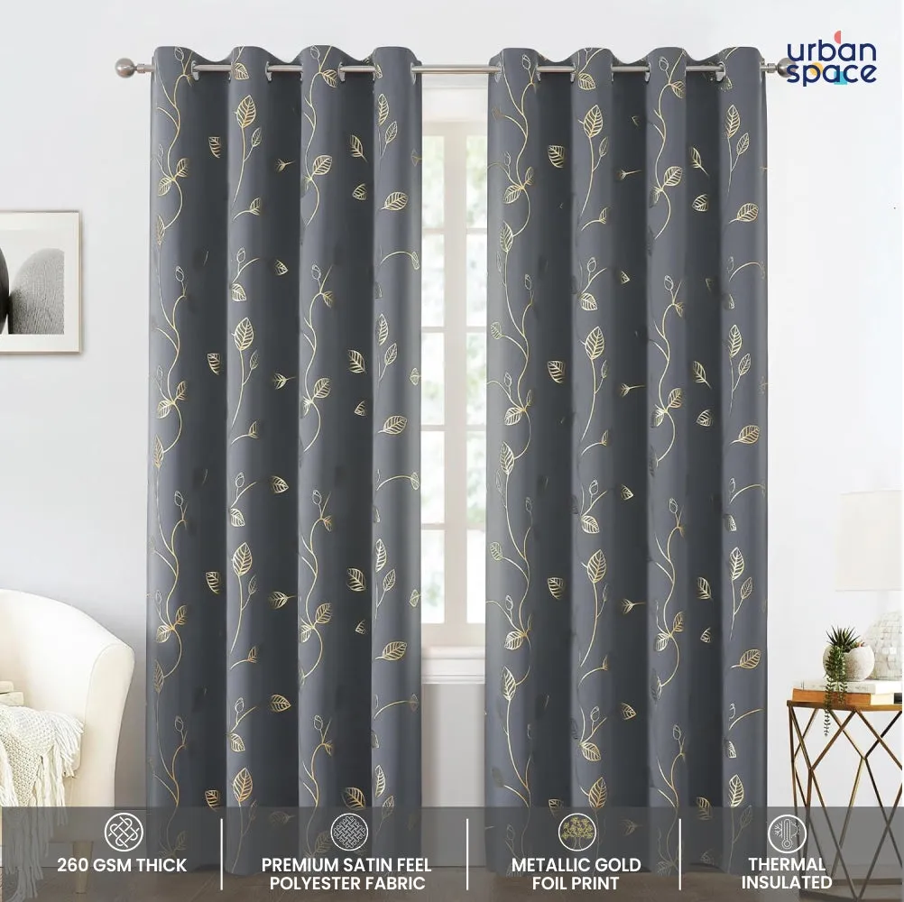 Gold Foil Printed 80-85% Blackout Curtains - Pack of 1 - Leaf- Grey