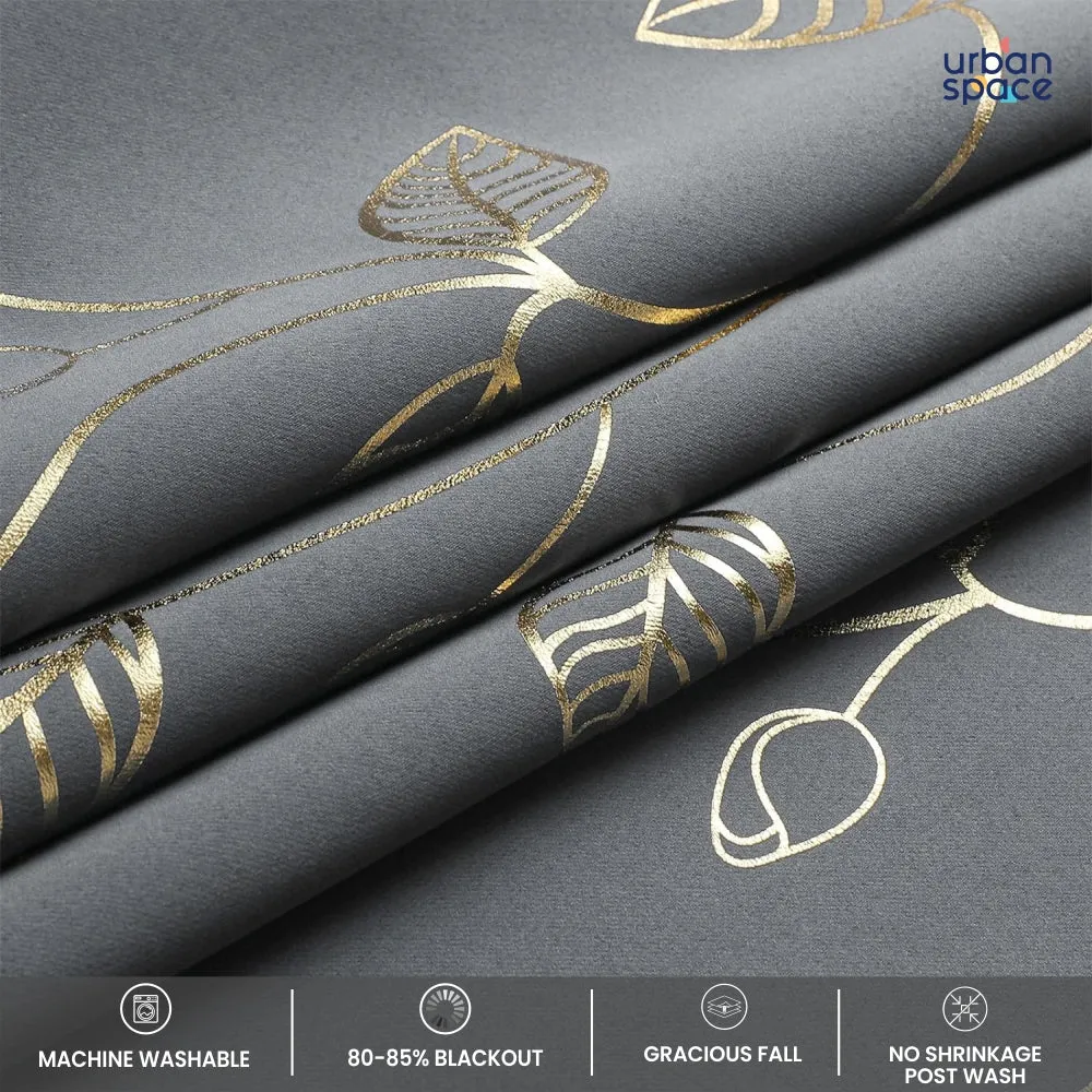 Gold Foil Printed 80-85% Blackout Curtains - Pack of 1 - Leaf- Grey