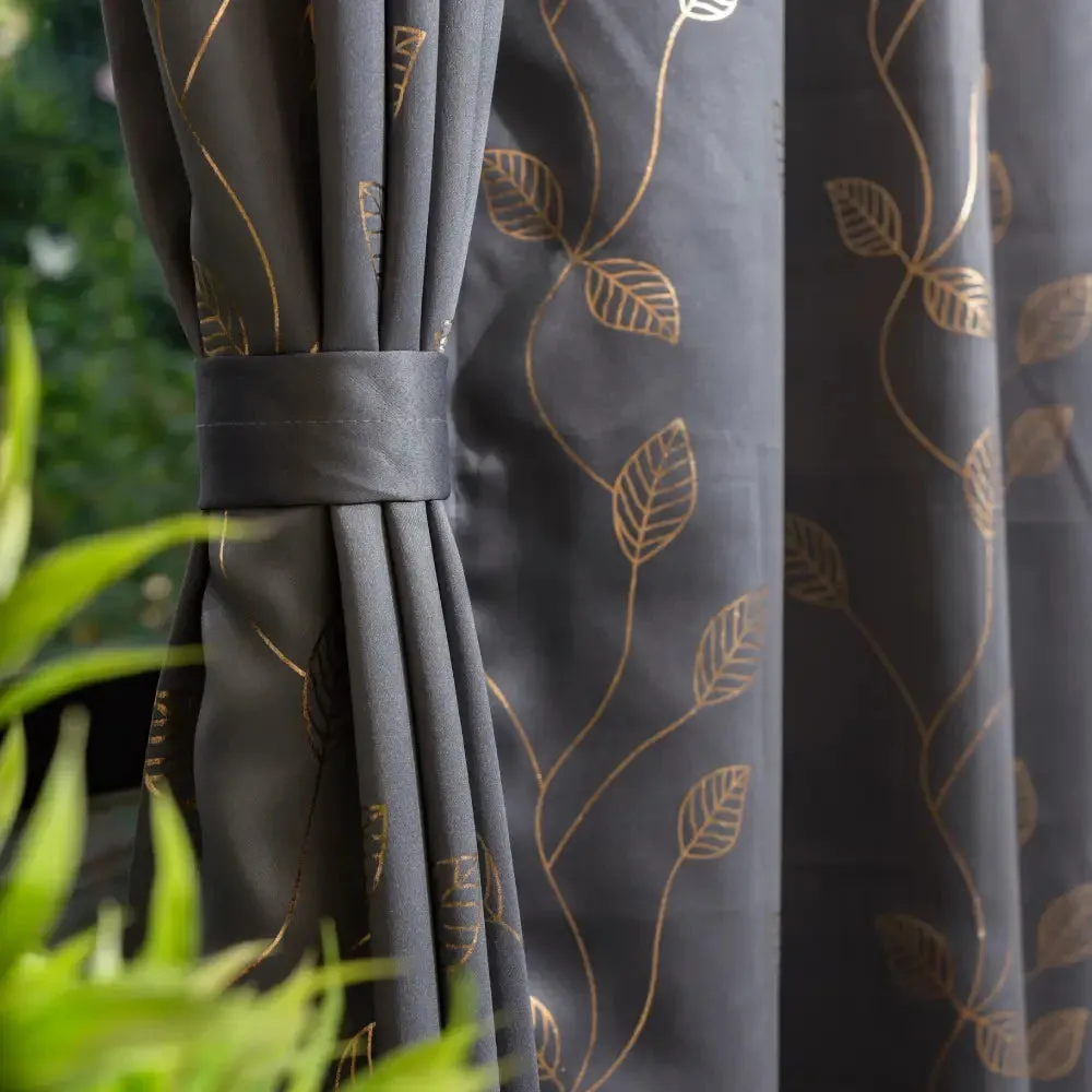 Gold Foil Printed 80-85% Blackout Curtains - Pack of 1 - Leaf- Grey