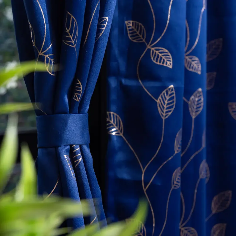 Gold Foil Printed 80-85% Blackout Curtains - Pack of 1 - Leaf- Navy Blue