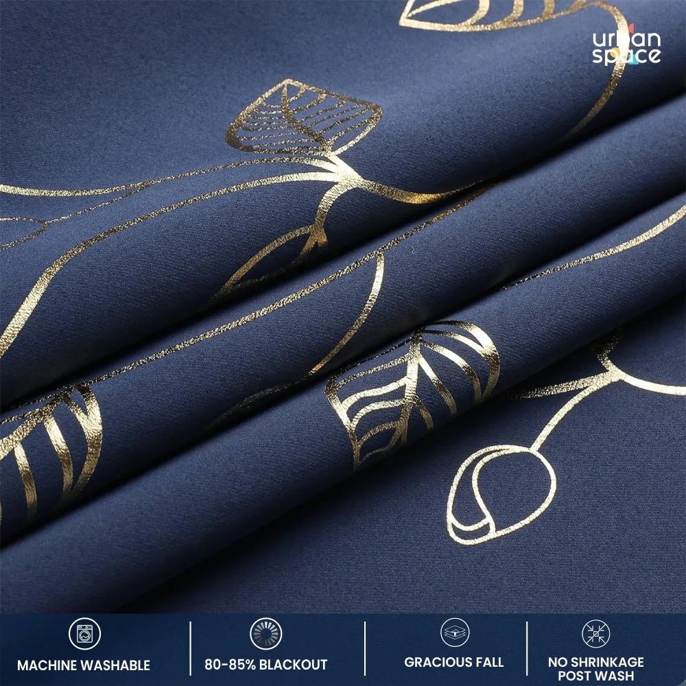 Gold Foil Printed 80-85% Blackout Curtains - Pack of 1 - Leaf- Navy Blue