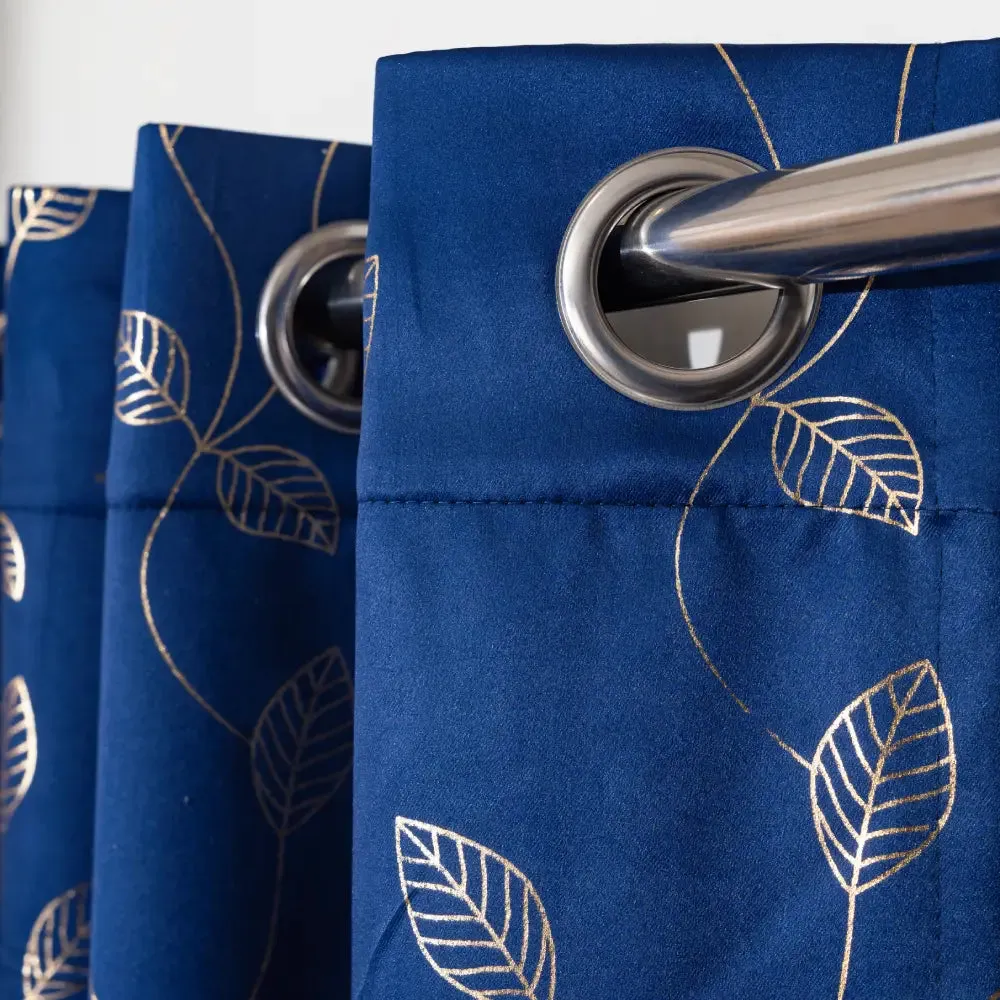 Gold Foil Printed 80-85% Blackout Curtains - Pack of 1 - Leaf- Navy Blue