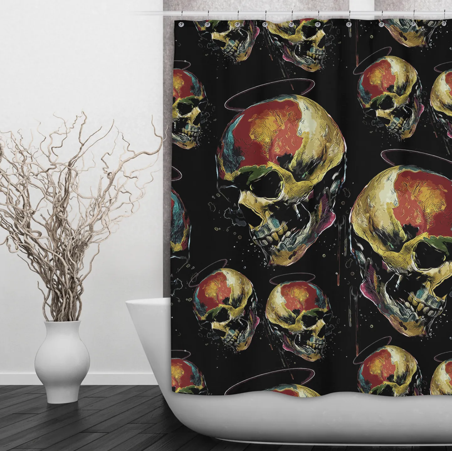 Grunge Halo Skull Shower Curtains and Optional Bath Mats