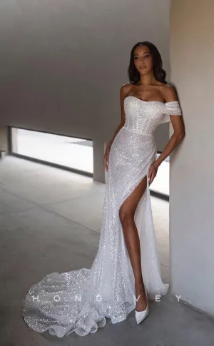 H0884 - Sparkly Sheer One Shoulder With Train And Slit Wedding Dress