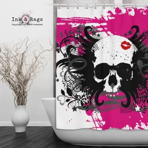 Hot Pink and Black Kiss Skull Shower Curtains and Optional Bath Mats