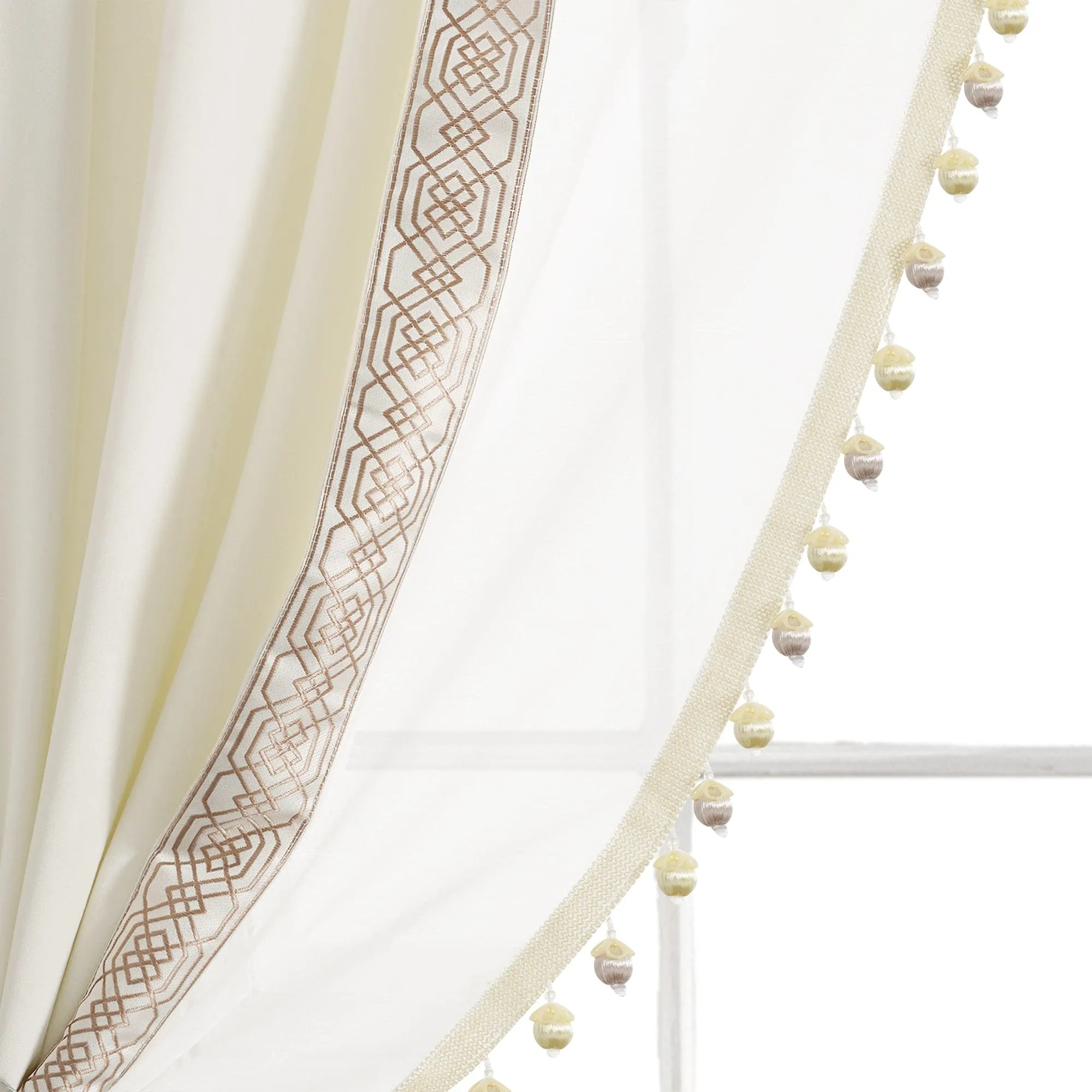 Luxury Vintage Velvet & Sheer With Border Pompom Trim Window Curtain Panel