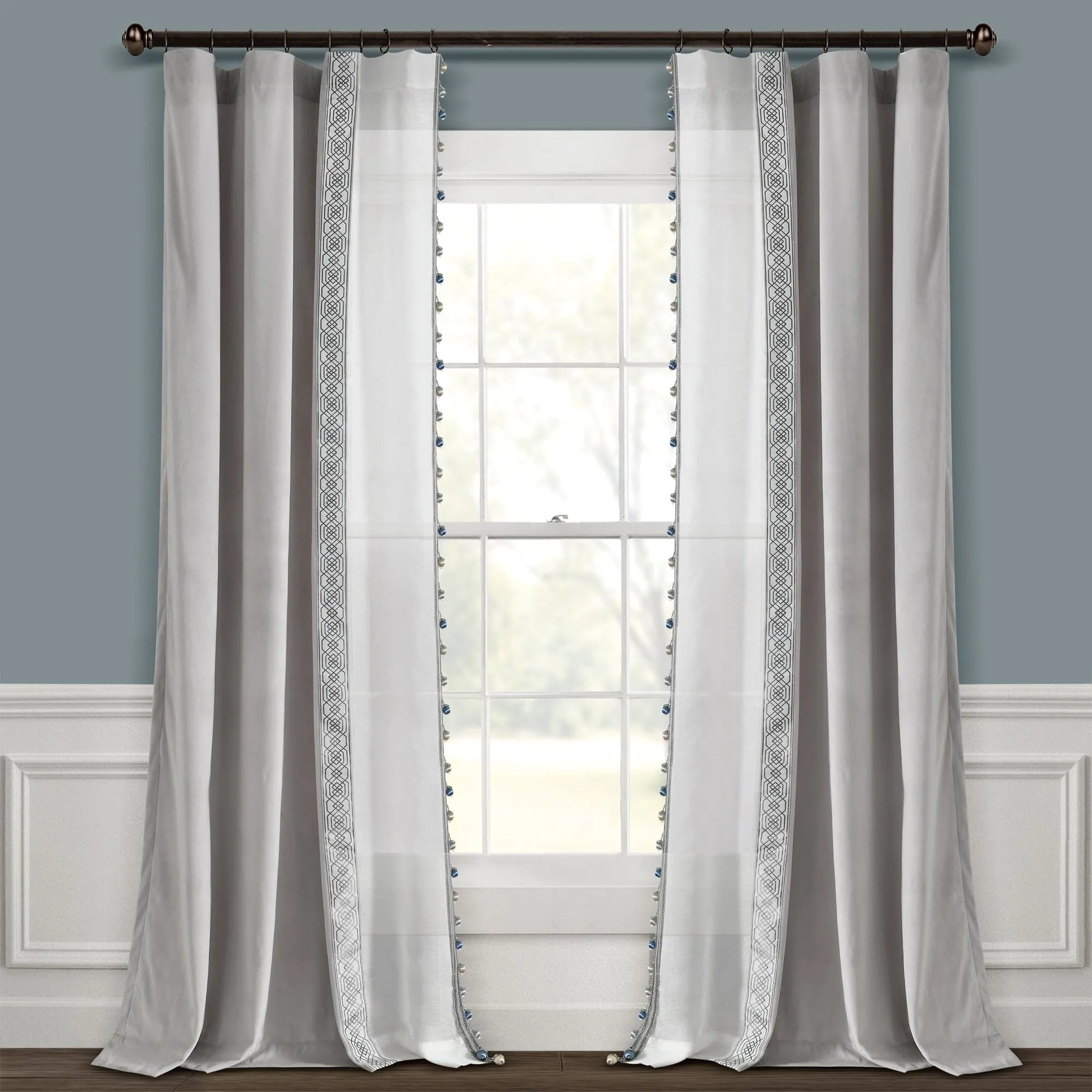 Luxury Vintage Velvet & Sheer With Border Pompom Trim Window Curtain Panel