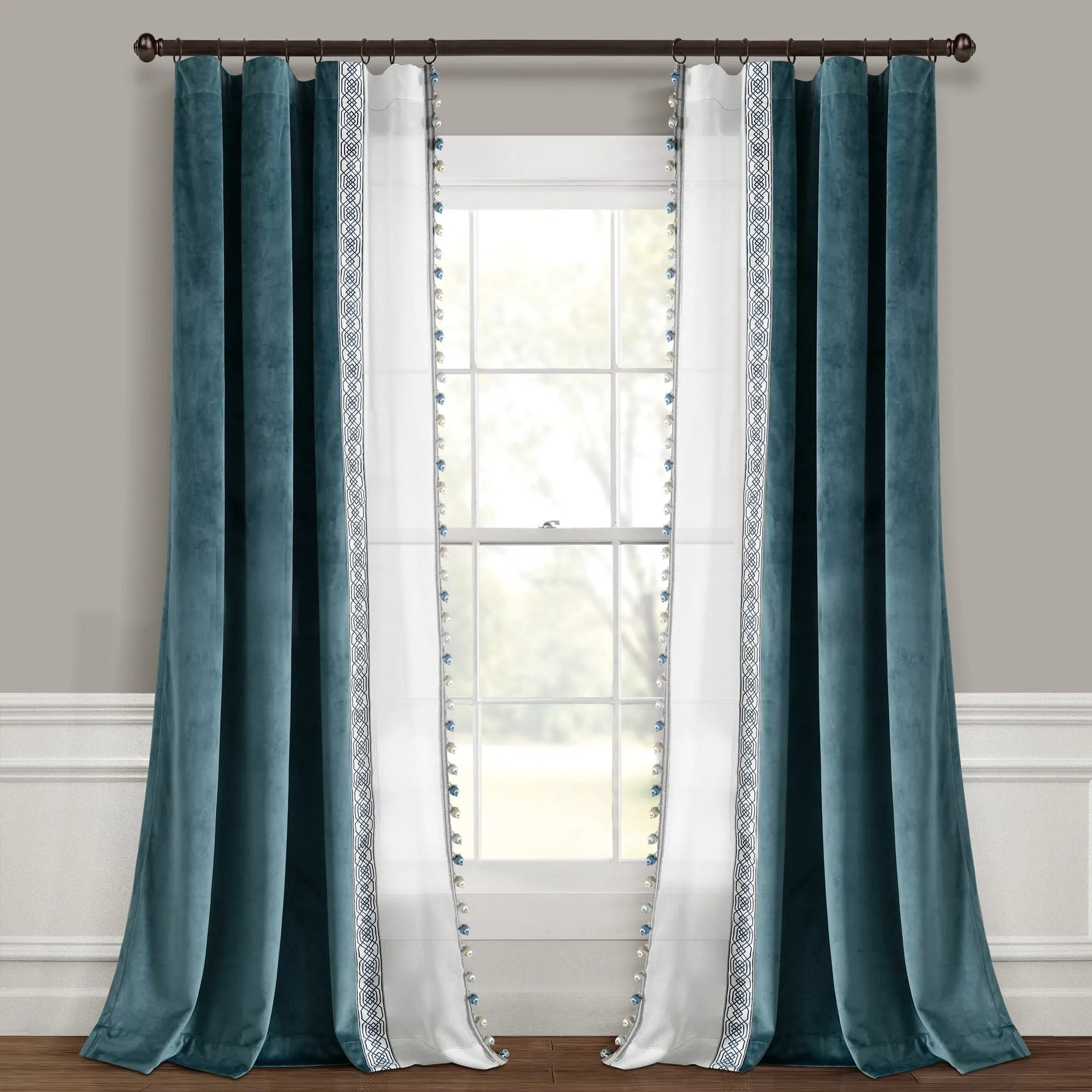 Luxury Vintage Velvet & Sheer With Border Pompom Trim Window Curtain Panel