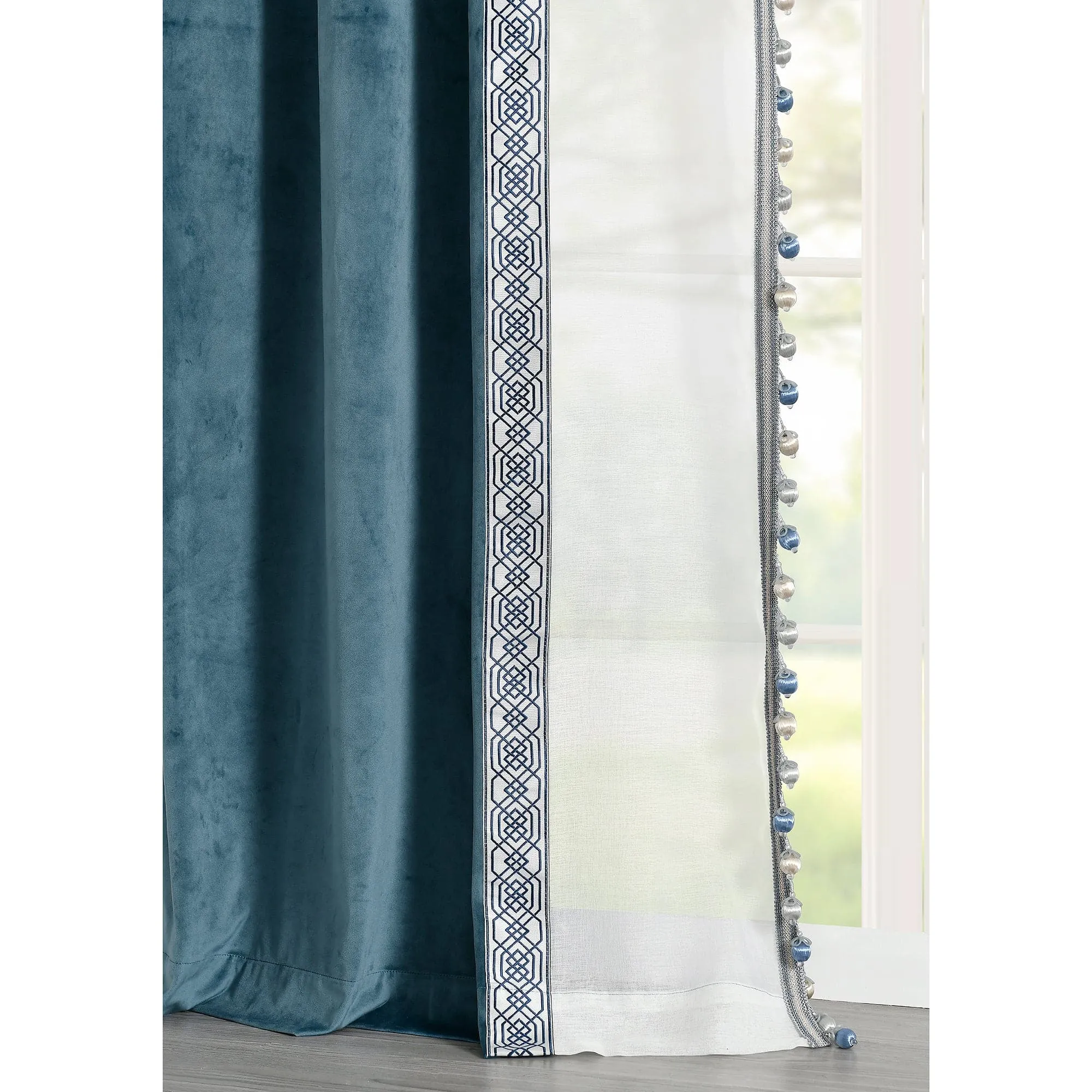 Luxury Vintage Velvet & Sheer With Border Pompom Trim Window Curtain Panel