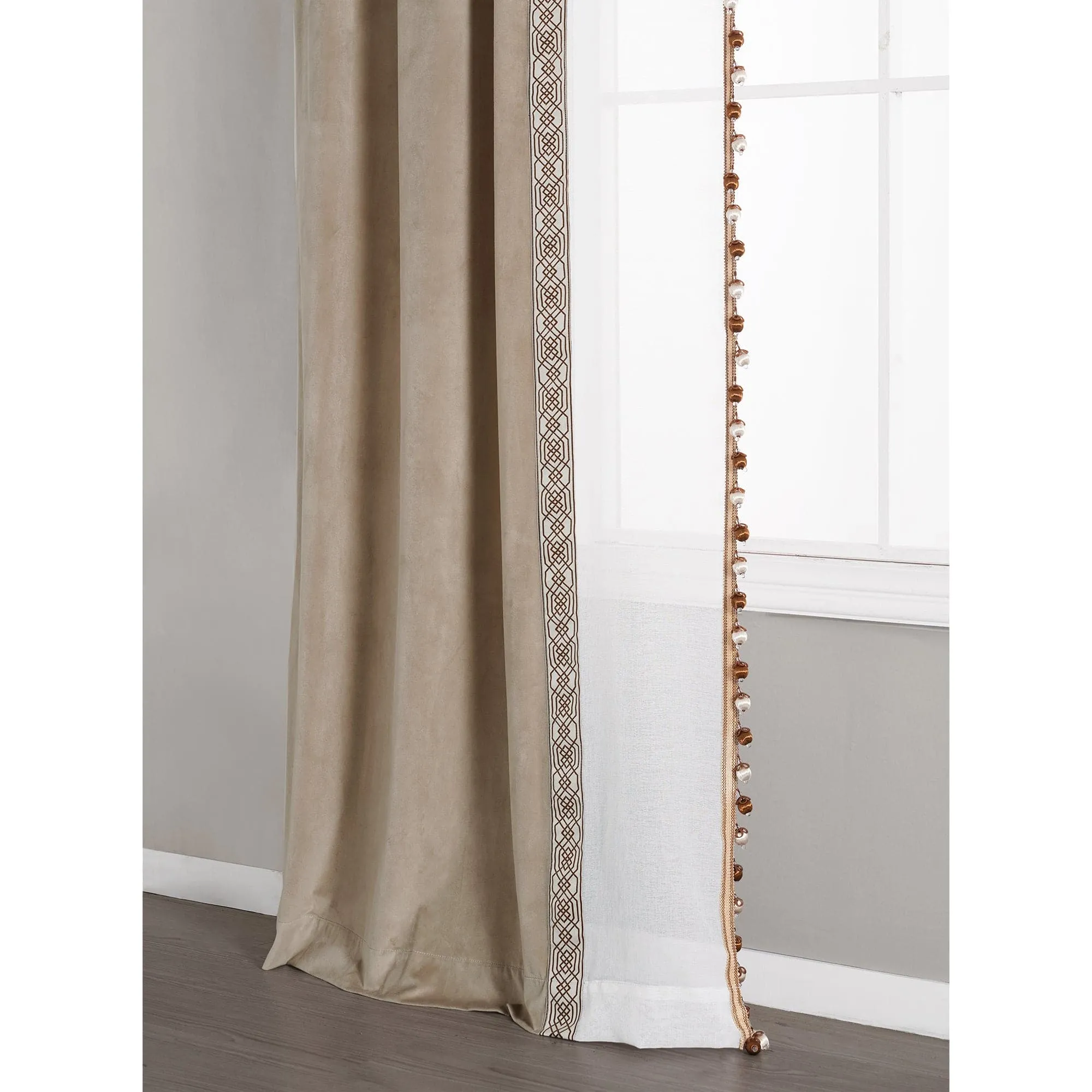 Luxury Vintage Velvet & Sheer With Border Pompom Trim Window Curtain Panel