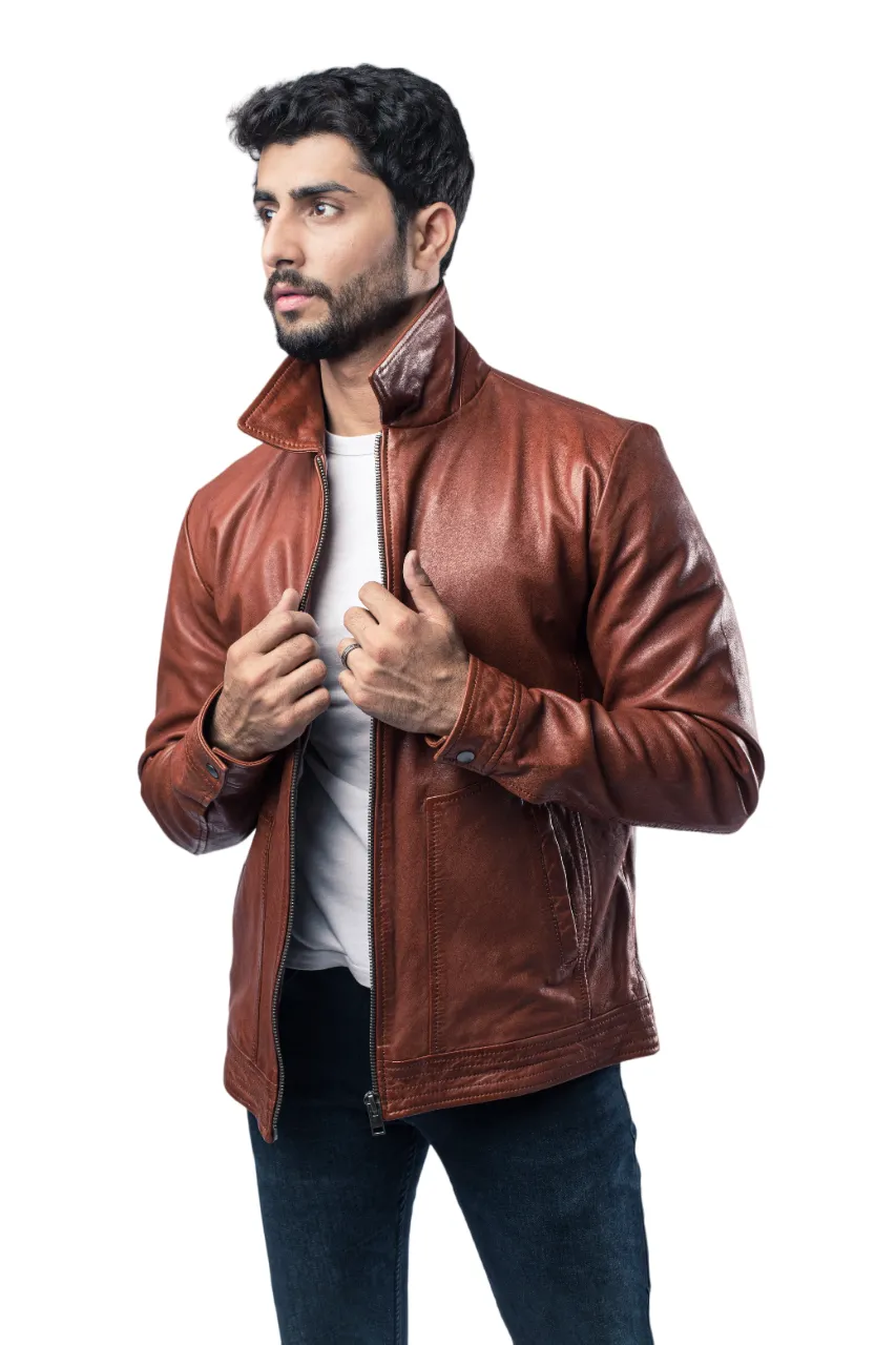 Men Fashion Stylish Biker Jacket Sheep Leather Brown Jacket Motorcycle Style - ELM29