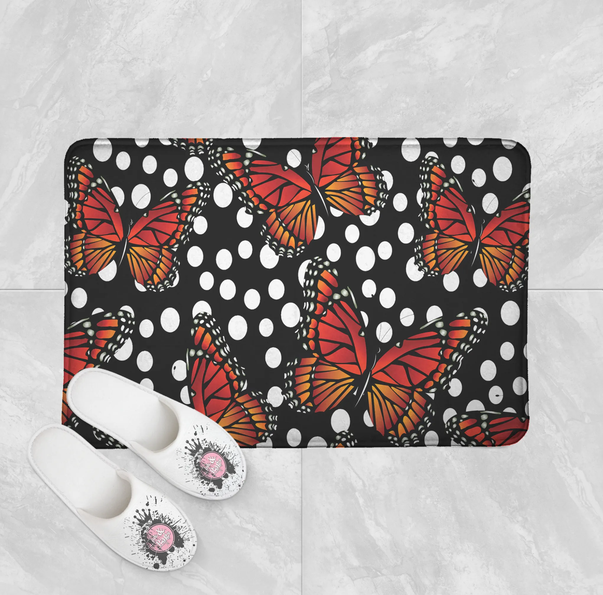 Monarch Butterfly Polka Dot Shower Curtains and Optional Bath Mats