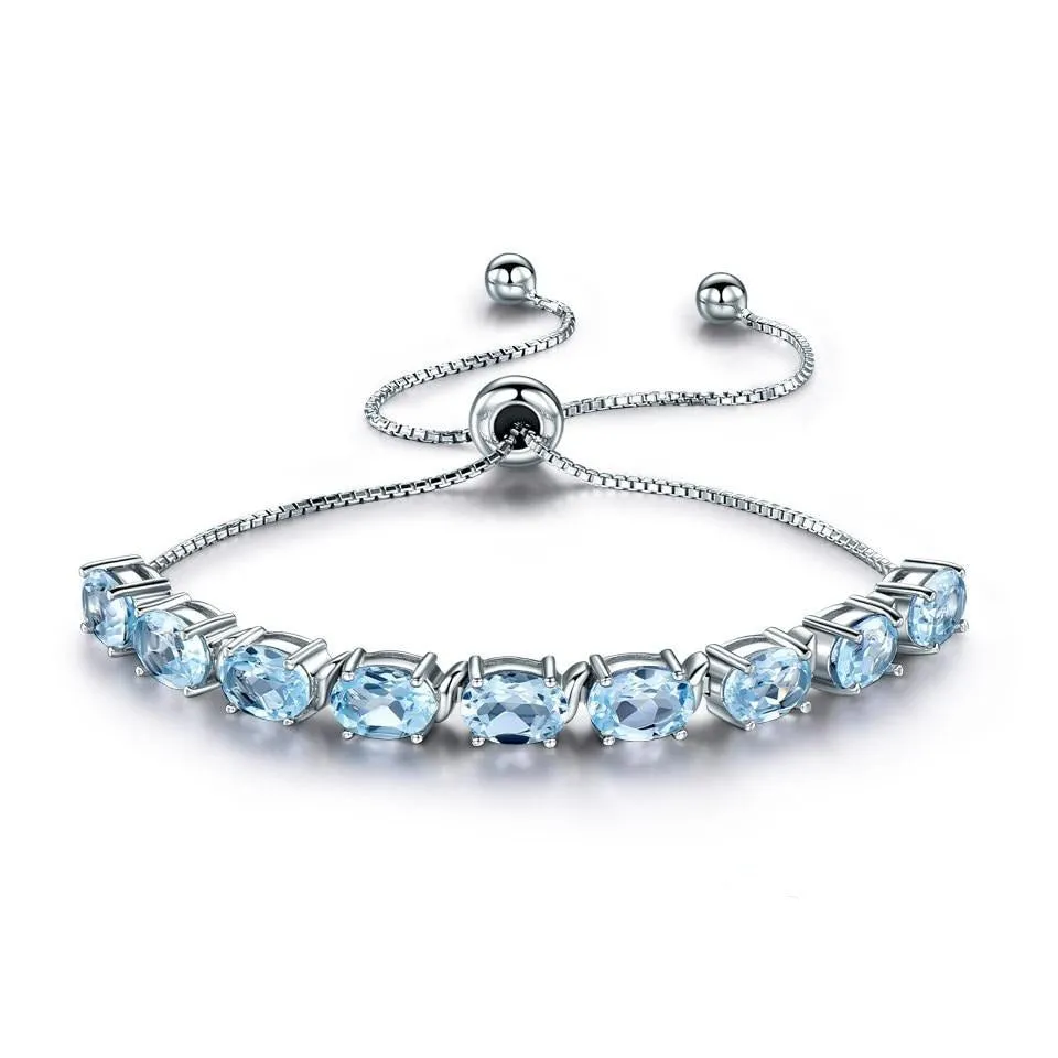 Natural Sky Blue Topaz 925 Sterling Silver Adjustable Chain Link Bracelet