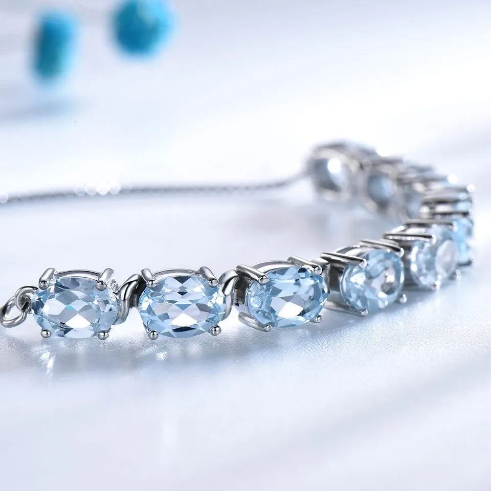 Natural Sky Blue Topaz 925 Sterling Silver Adjustable Chain Link Bracelet