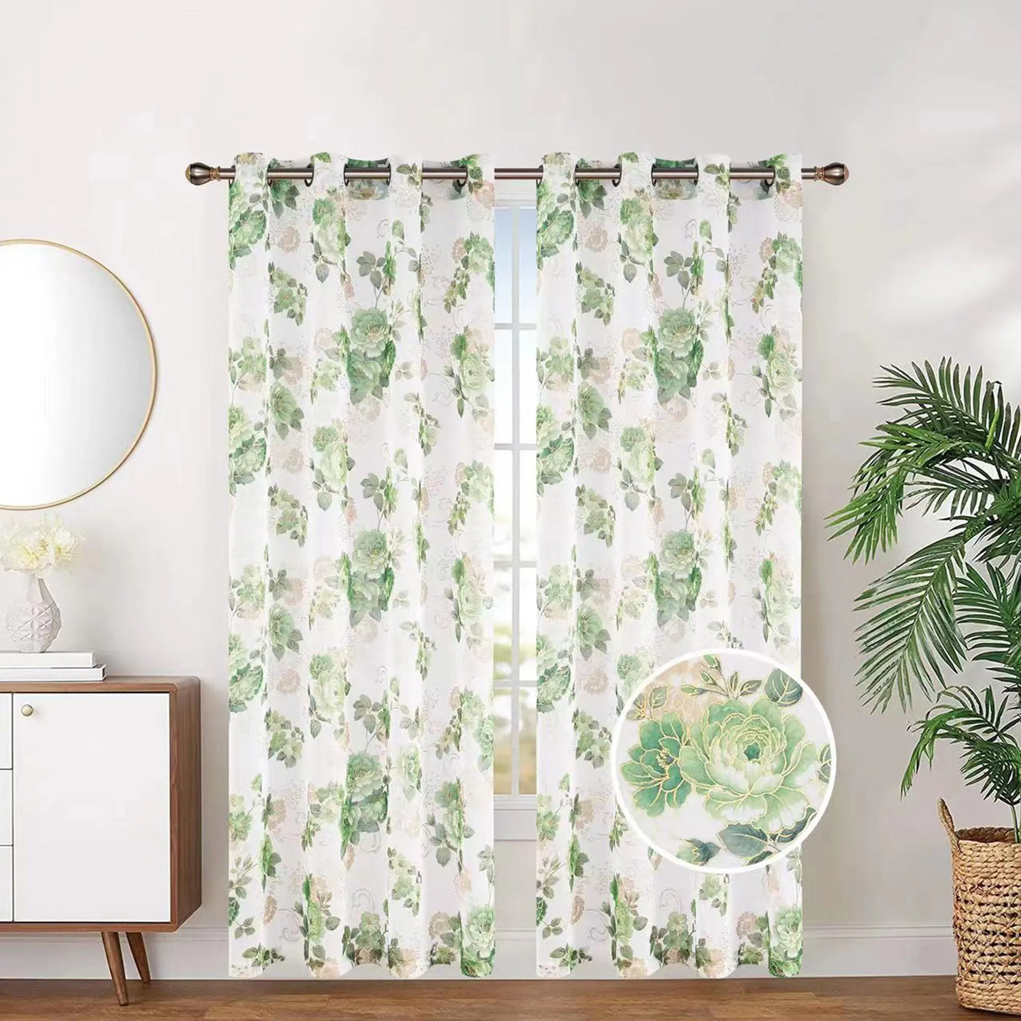 Organza Sheer Floral Foil Grommet Top Window Curtain Panel, 81068