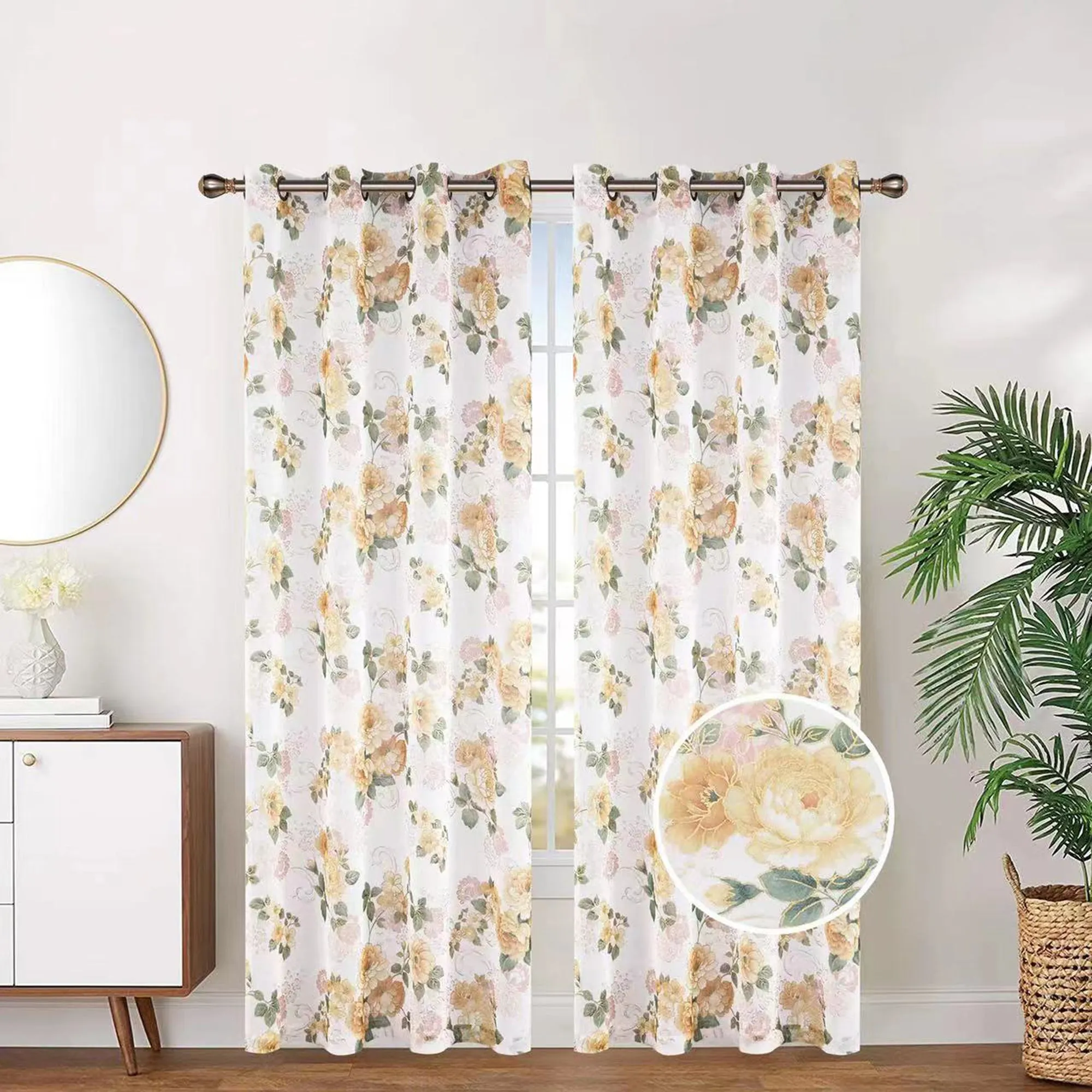 Organza Sheer Floral Foil Grommet Top Window Curtain Panel, 81068